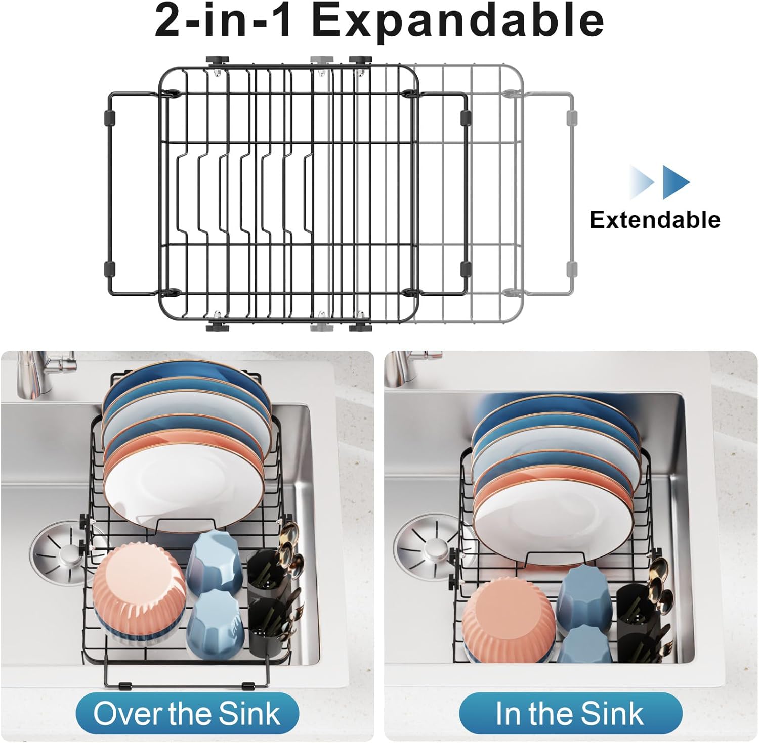 iSPECLE Expandable Dish Drying Rack for Kitchen Sink - Rust Resistant Adjustable Over The Sink Dish Drainer with Secure Locking Knob, 90° Anti-Slip L-Handles, 12.8 W x 12.4-17.1 L, Black