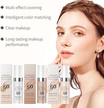 Natural Foundation SPF 50 PA+++ Oil Control Full Coverage Liquid Foundation Makeup Flawless Moisturising Concealer for All Skin Types (Ivory)