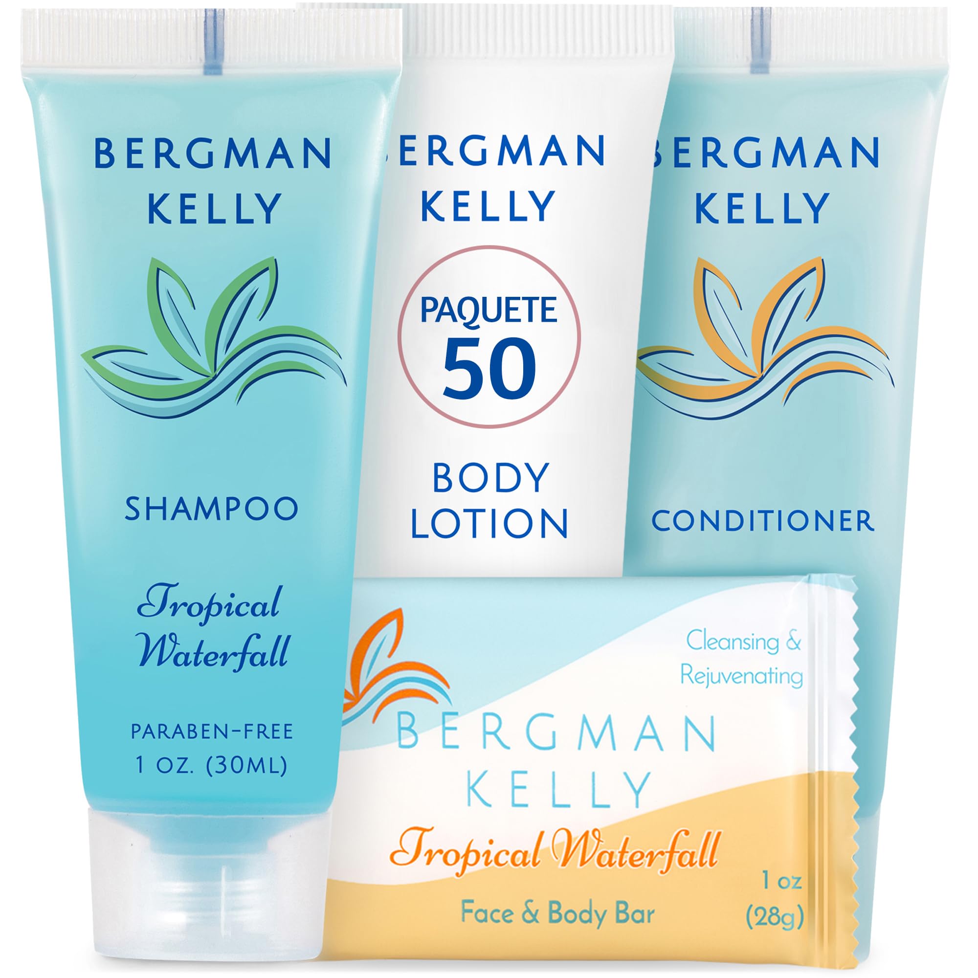 Lote de artículos de tocador del hotel Bergman Kelly - Cascada tropical, 30 ml cada uno, 200 unidades - Conjunto de 4 piezas: 50 pastillas de jabón, champú, acondicionador y loción corporal