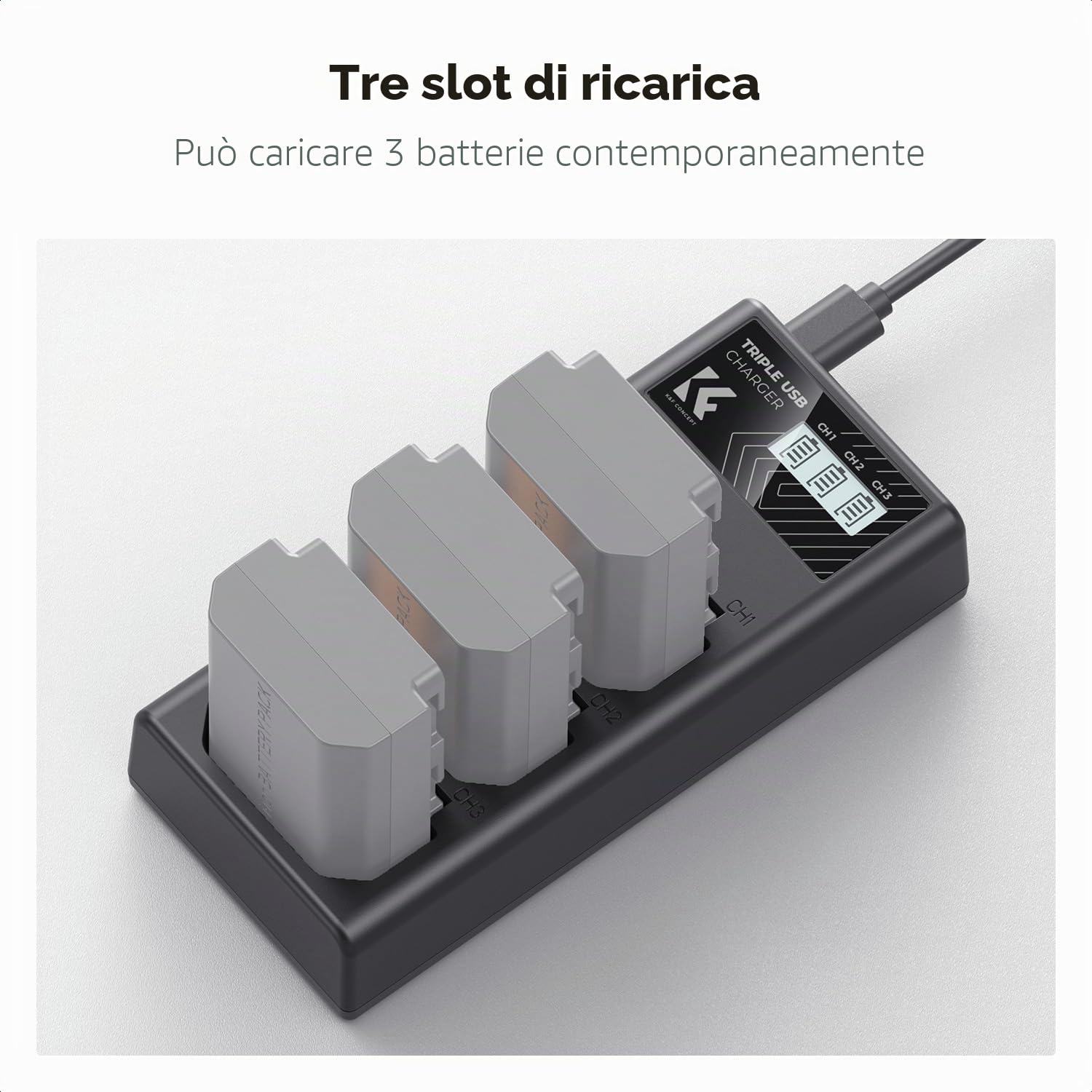 K&F CONCEPT Caricabatterie NP-FZ100, caricabatterie a 3 slot A7iii con display LCD per fotocamere Sony A7iii A7iv A7Rv A6700 A6600 A9 A1 FX3 FX30 ZV-E1