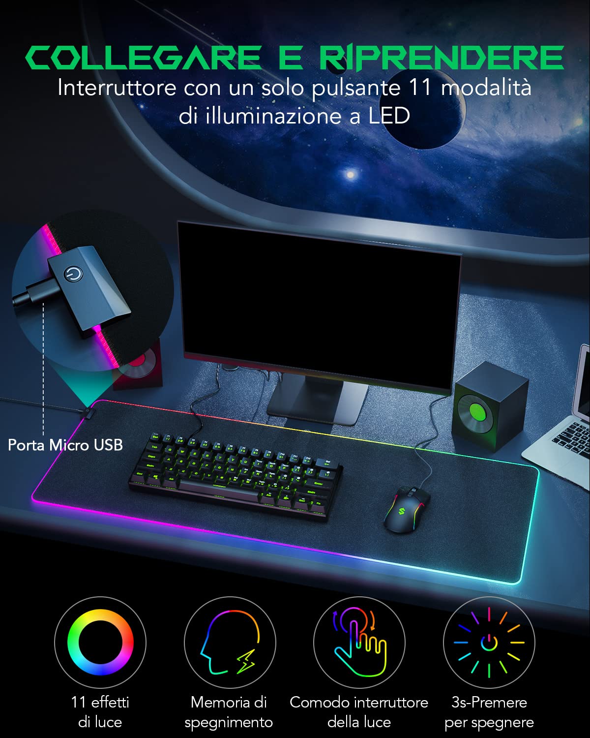 Black Shark Tappetino per mouse da gaming, XXL, 900 x 400 mm, 11 modalità di illuminazione a LED, superficie in microfibra, fondo in gomma antiscivolo, tappetino per mouse decorativo Manta P7