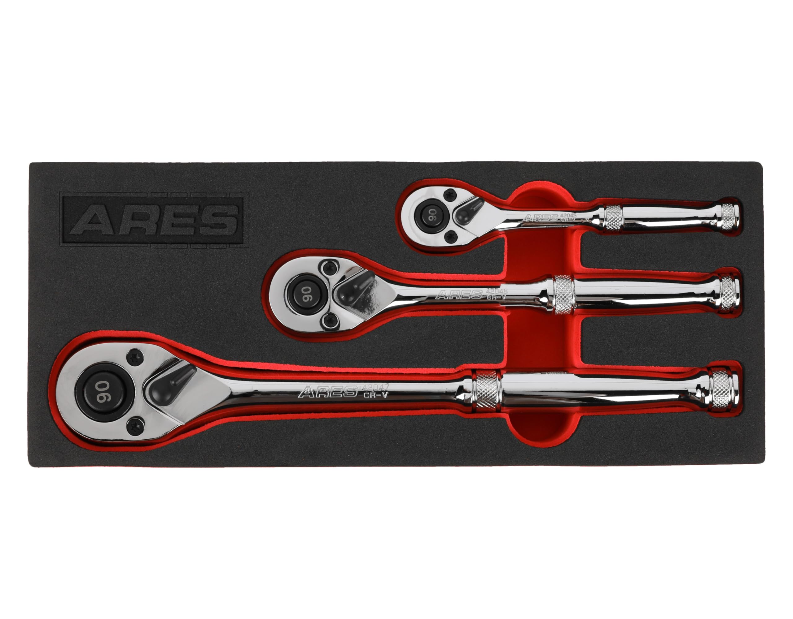 ARES 42048-3-Piece 90 Tooth Ratchet Set - Premium Chrome Vanadium Steel Construction & Mirror Polish Finish - Quick Release for Easy Socket Change - 90-Tooth Reversible Design with 4 Degree Swing
