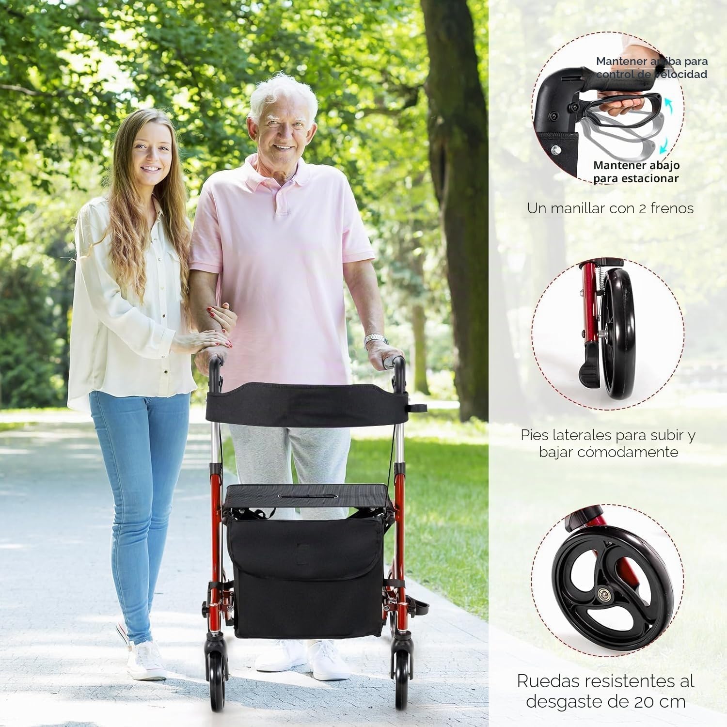 FANTASK Andador plegable y ligero con asiento, silla de descanso 2 en 1 y andador de viaje, 6 alturas de altura regulable