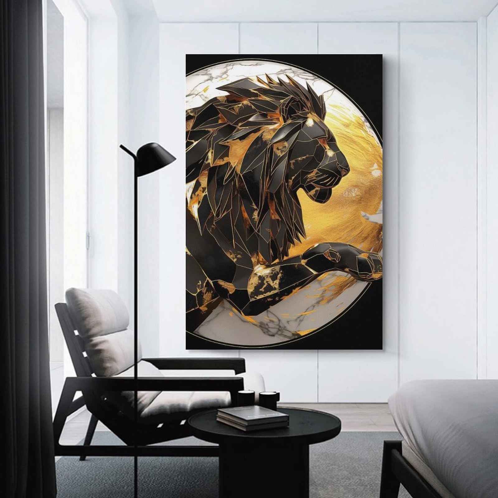 Junmoney Geometric Lion with Gold And Marble Canvas Wall Decor, 20x30inch(50x75cm), for Art Walls, Layered Displays Or Homes, Home Wall Art for Statement Displays
