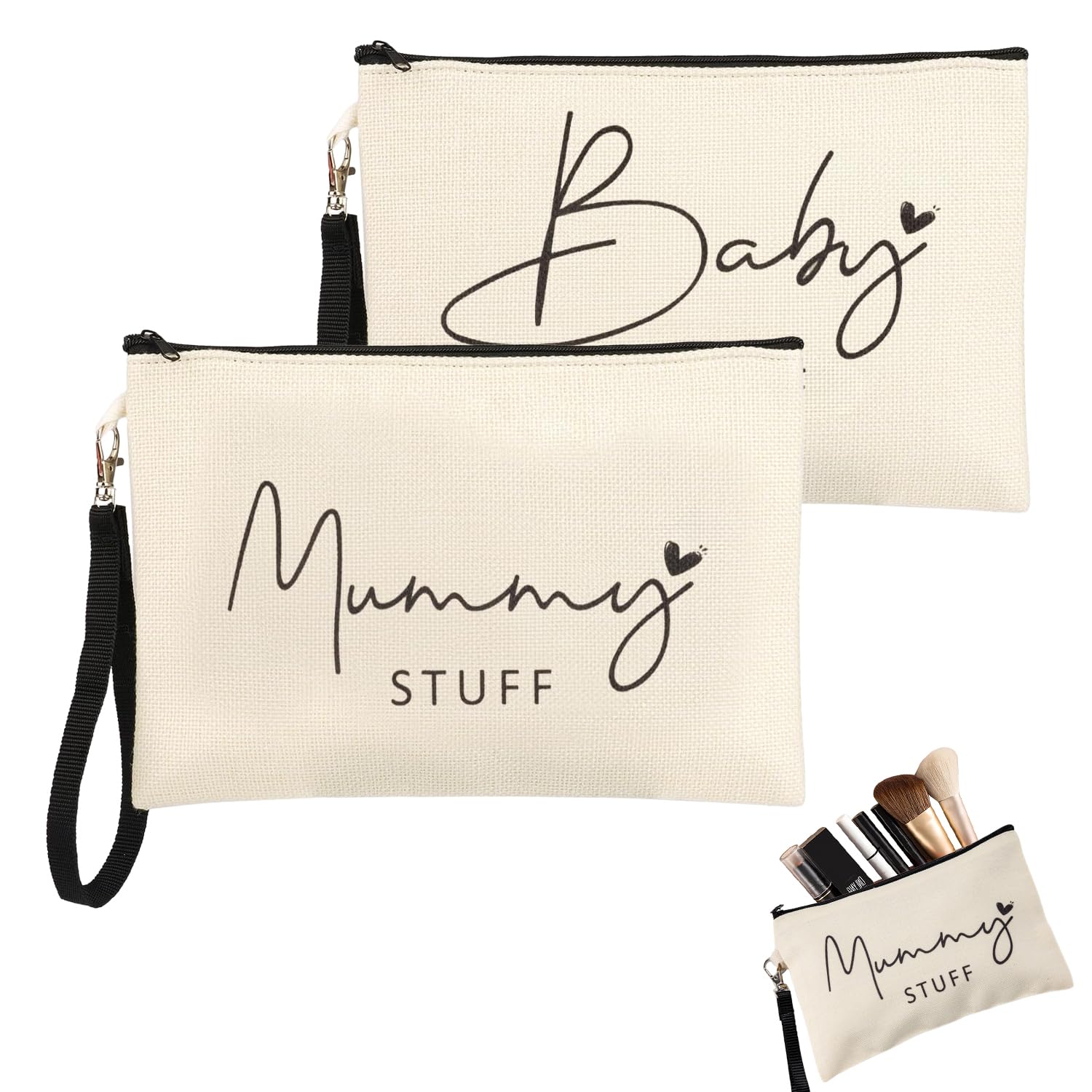 2 PCS Portable Gifts for Mum to Be: Canvas Cosmetic Bags with Zipper for Baby Shower, Beige