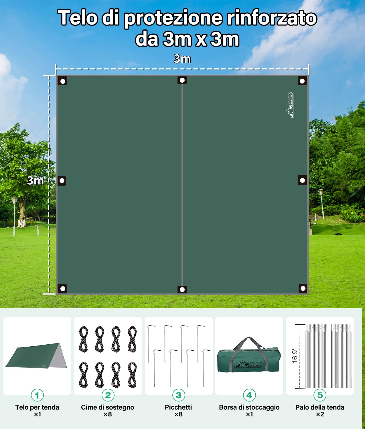 WADEO Kit Telo Copertura con Pali, [3x3M] Impermeabile e Resistente, Protezione UV, Telo da Sole e Pioggia per Shelter, Ideale per Campeggio, Picnic, Spiaggia, Festival, Giardino