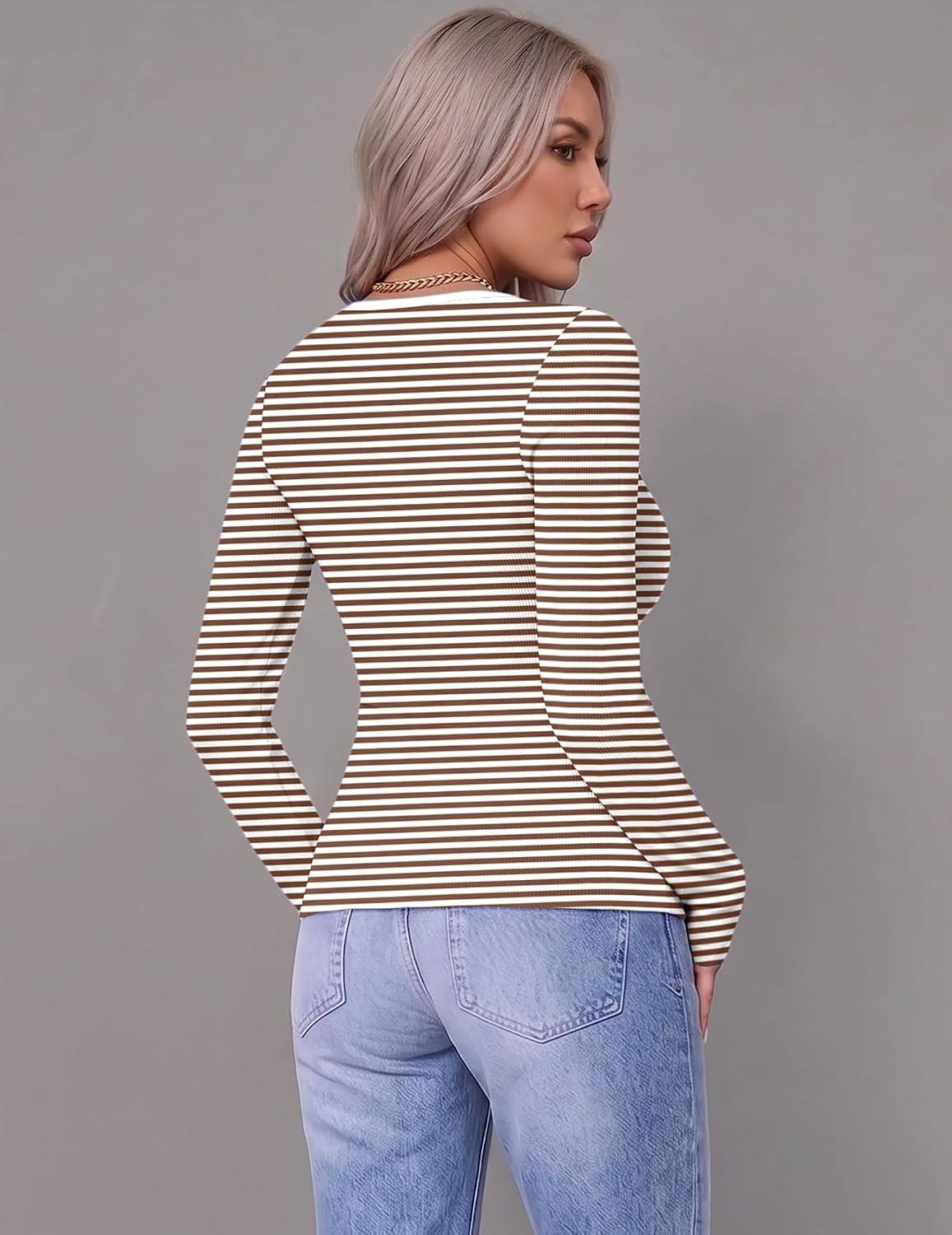  Women Long Sleeve Shirts Ribbed Tops Crewneck Basic Tee thumbnail