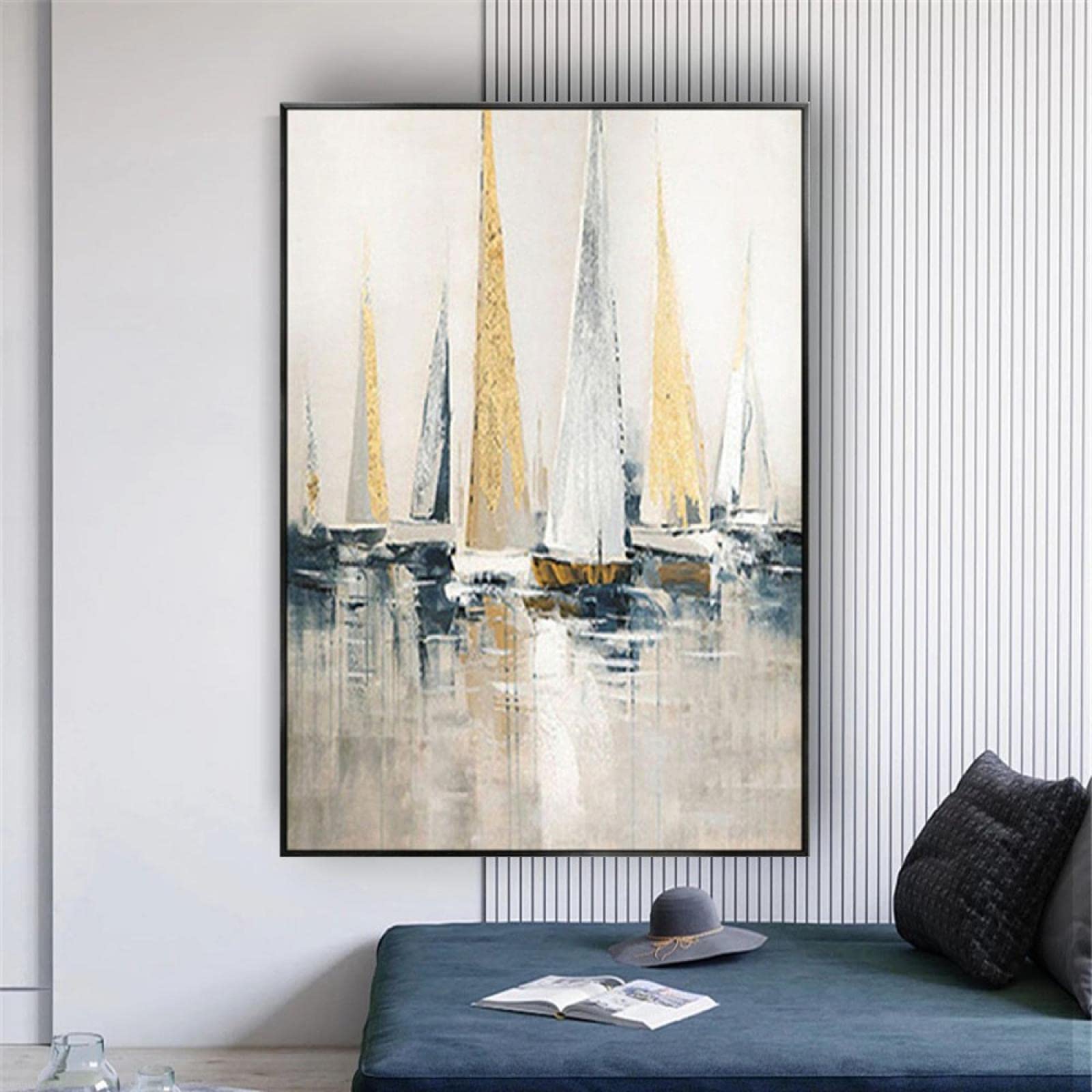 GLWDMB Cuadro sobre lienzo para pared, velero dorado y plateado, decoración de pared abstracta moderna para el hogar, imagen artística para sala de estar y porche - Enmarcado, 1 Pedazo