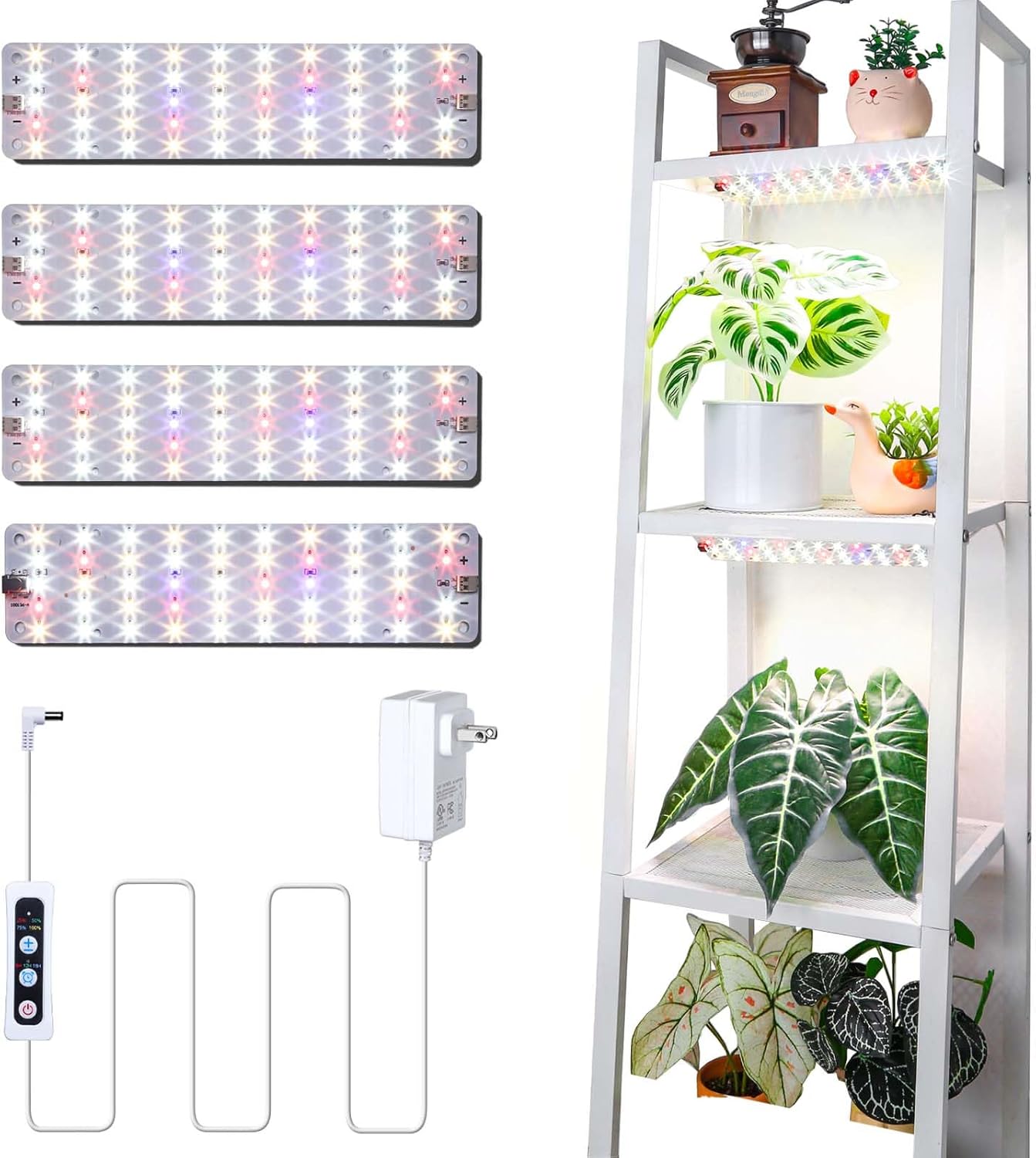 Contents of the DOMMIA Grow Lights package including four light panels, controller, power adapter, connecting wires, and sticky pads.