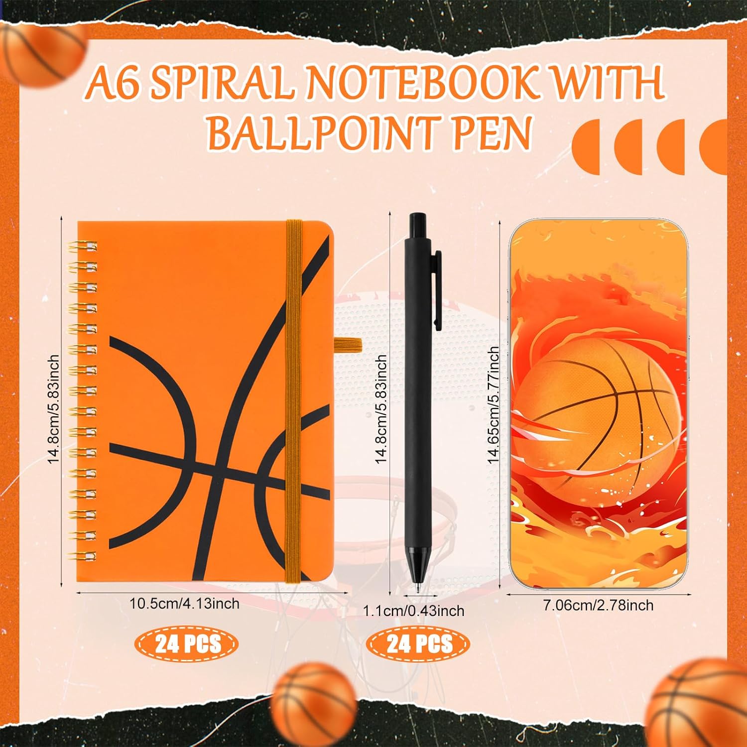 Fulmoon 24 Set Basketball A6 Spiral Notebook with Ballpoint Pens 50 Sheets, 4"x 6" Small College Ruled Notepads Journaling Notebooks Bulk Basketball Team Gifts for Back to School Supplies Offices