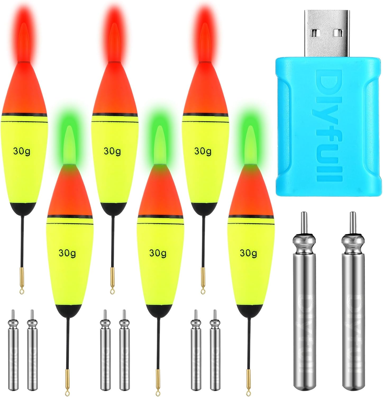 6 Pcs LED Lighted Fishing Bobbers, Light up Slip Bobbers Floats with 2 Rechargeable Batteries and 1 Charger Set for Night Fishing, Red, Green