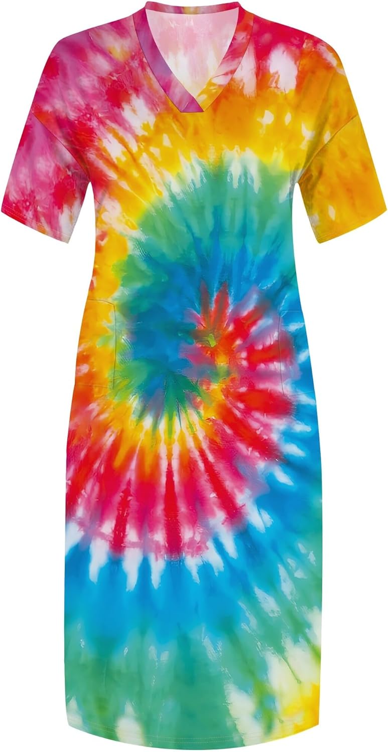 Women Casual T-Shirt Dress V Neck Short Sleeve Solid Color Oversize Dress with Front Two Pockets - Image 5