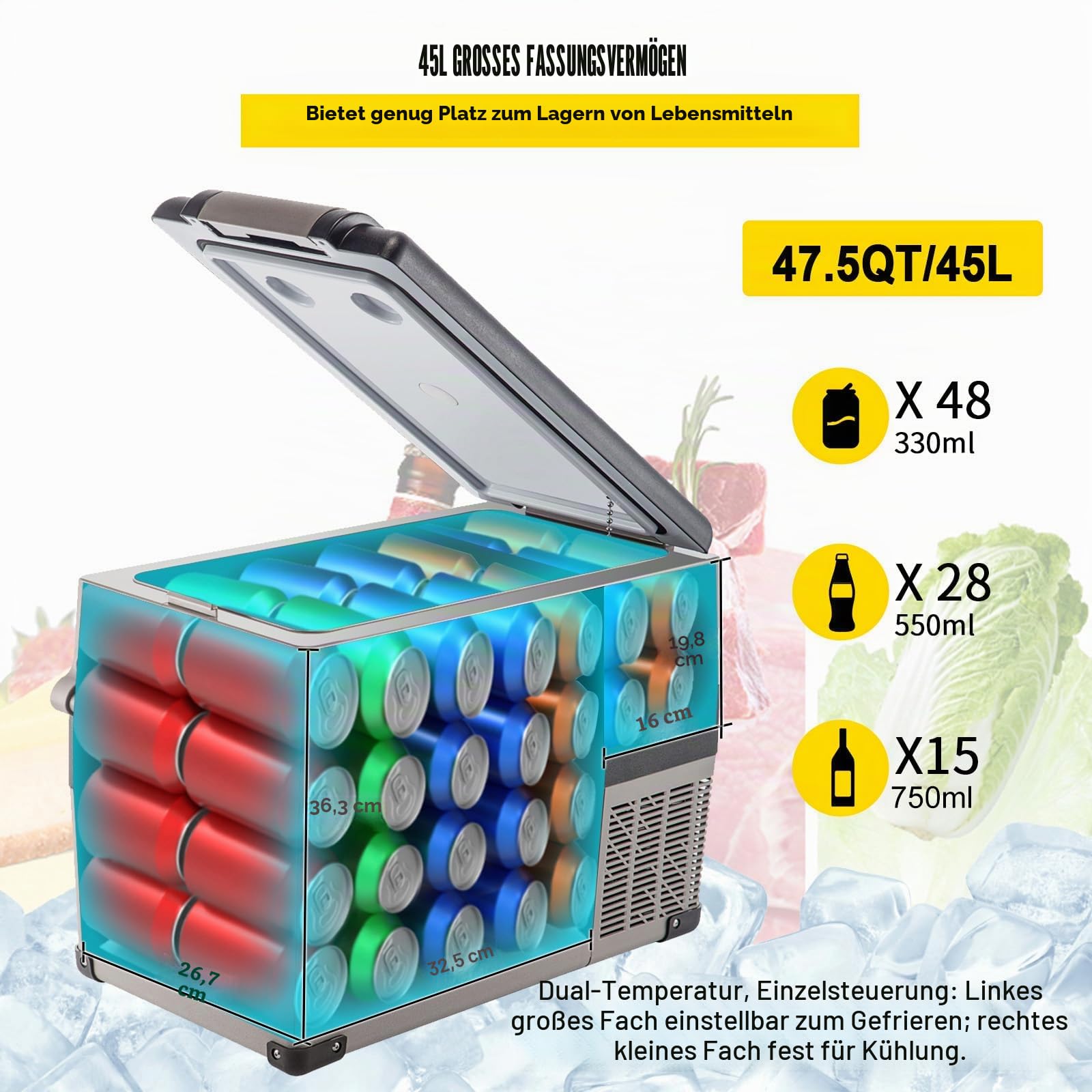 VEVOR Auto Kühlschrank 45L Kompressorkühlbox 60W Tragbarer Kühlschrank