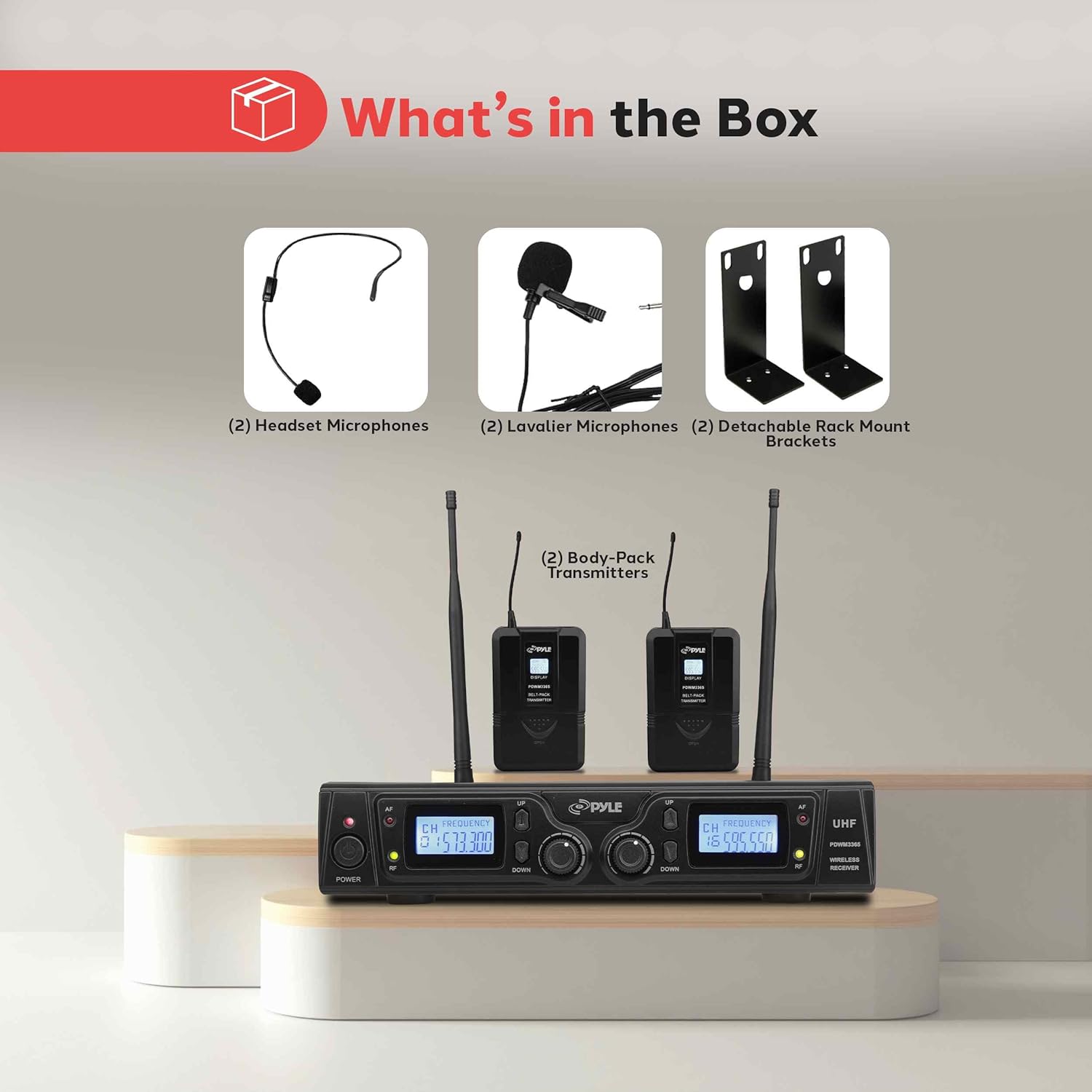 Pyle UHF Wireless Microphone & Rack Mountable Receiver System 2 Belt Packs, 2 Lavelier/Lapel MIC Travel Case 16 Channel Frequency Independent Channel Volume Control LCD Digital Display