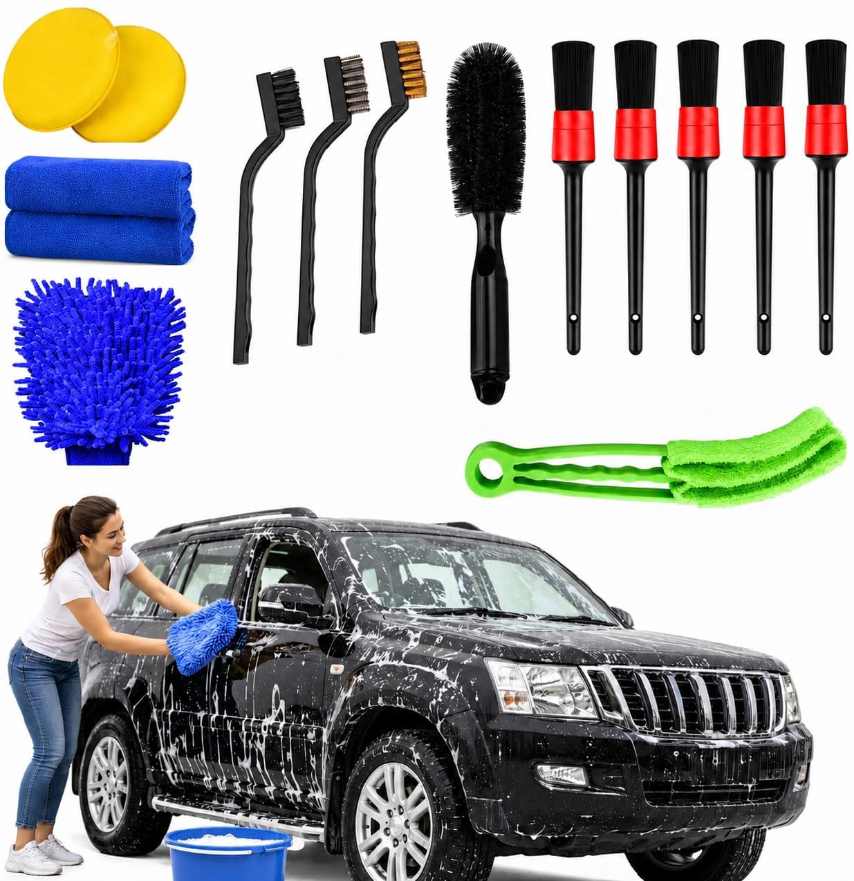 15 PCS Car Detailing Kit Auto Cleaning Brush Set with Wheel Clean Brush, Engine Cleaner, Interior Dash Brush,Applicator Pads,Wash Mitt, Vent Tool,Wire Brushs, Foam Pads & Microfiber Towel Cloths-image-26