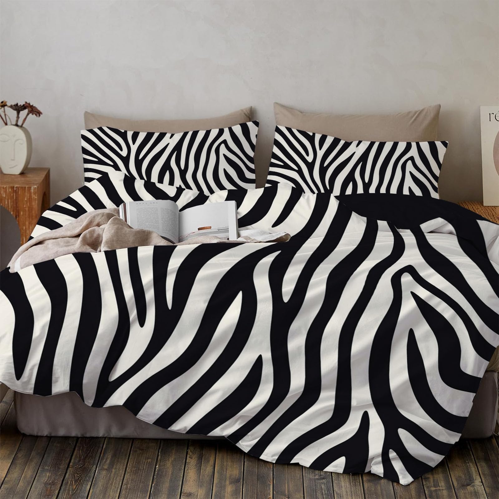 Juego de Ropa de Cama de 3 Piezas,Microfibra Rayas de Cebra y Sencillo Cebra de Animales Salvajes Juego de Fundas Edredón con 1 Funda Nórdica + 2 Funda de Almohada (Negro,Cama 135/150,220×240CM)