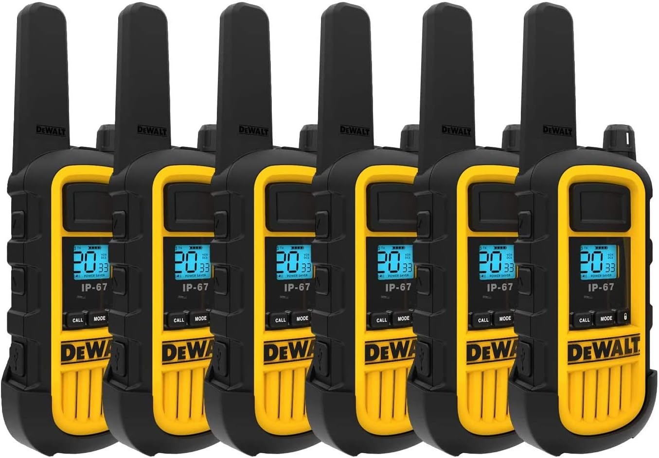 DeWalt DXPMR800 Heavy Duty Professional Walkie Talkie PMR Radio with Up to 15 Floors/10km Range, License Free - Black and Yellow (6 Pack)