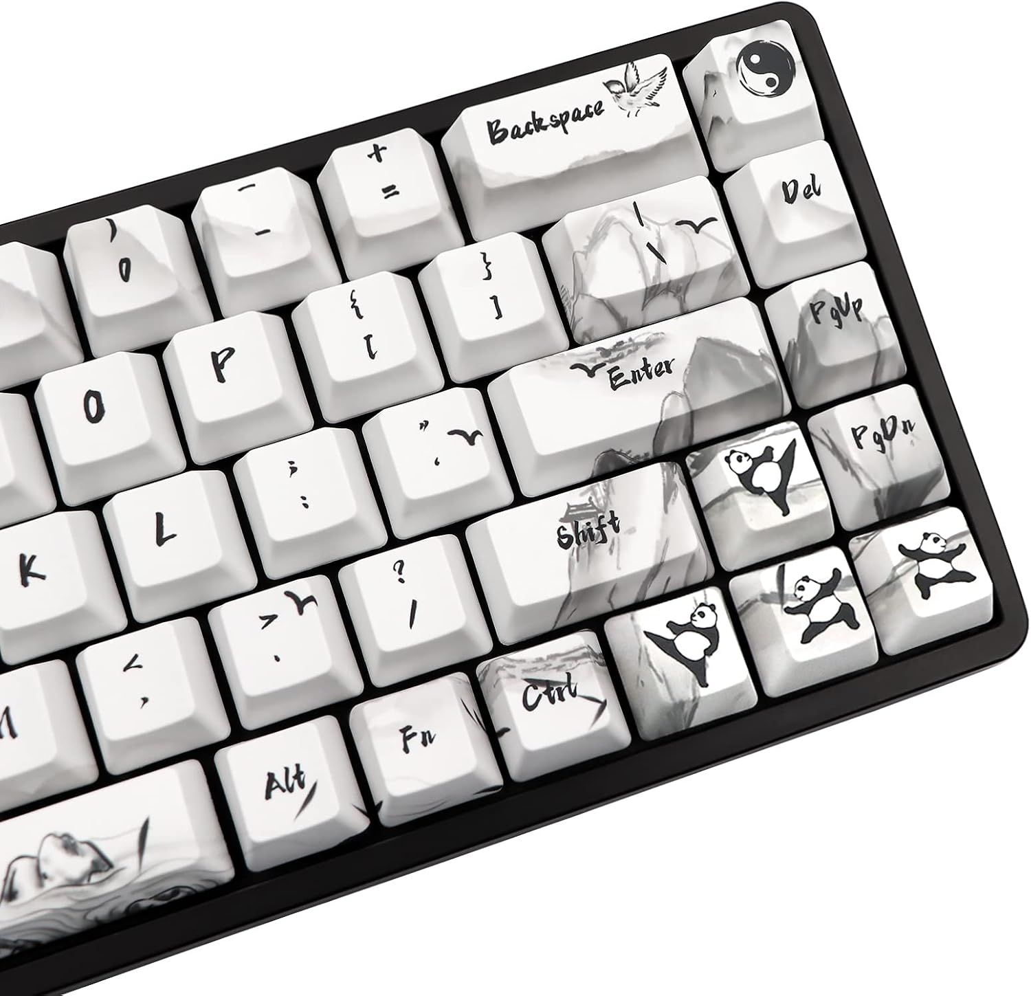 JSJT Ink Panda Keycaps 68 Key Set OEM Profile Dye-Sublimation PBT White Key Caps for Cherry MX Switch RK68/GK68 Mechanical Keyboard