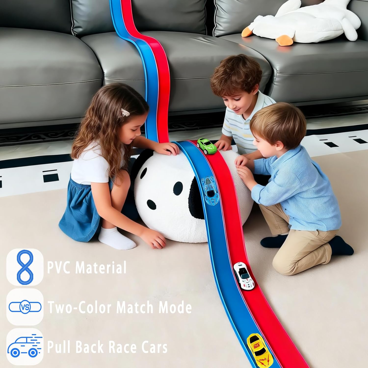 15Ft Flexible Race Car Track for Kids, Flex Track Toy with Pull Back Race Cars and Suction Cups, Compatible with Hot Wheels and 1/64th Cars, Rolls Up Portable Racetrack for Ages 345678