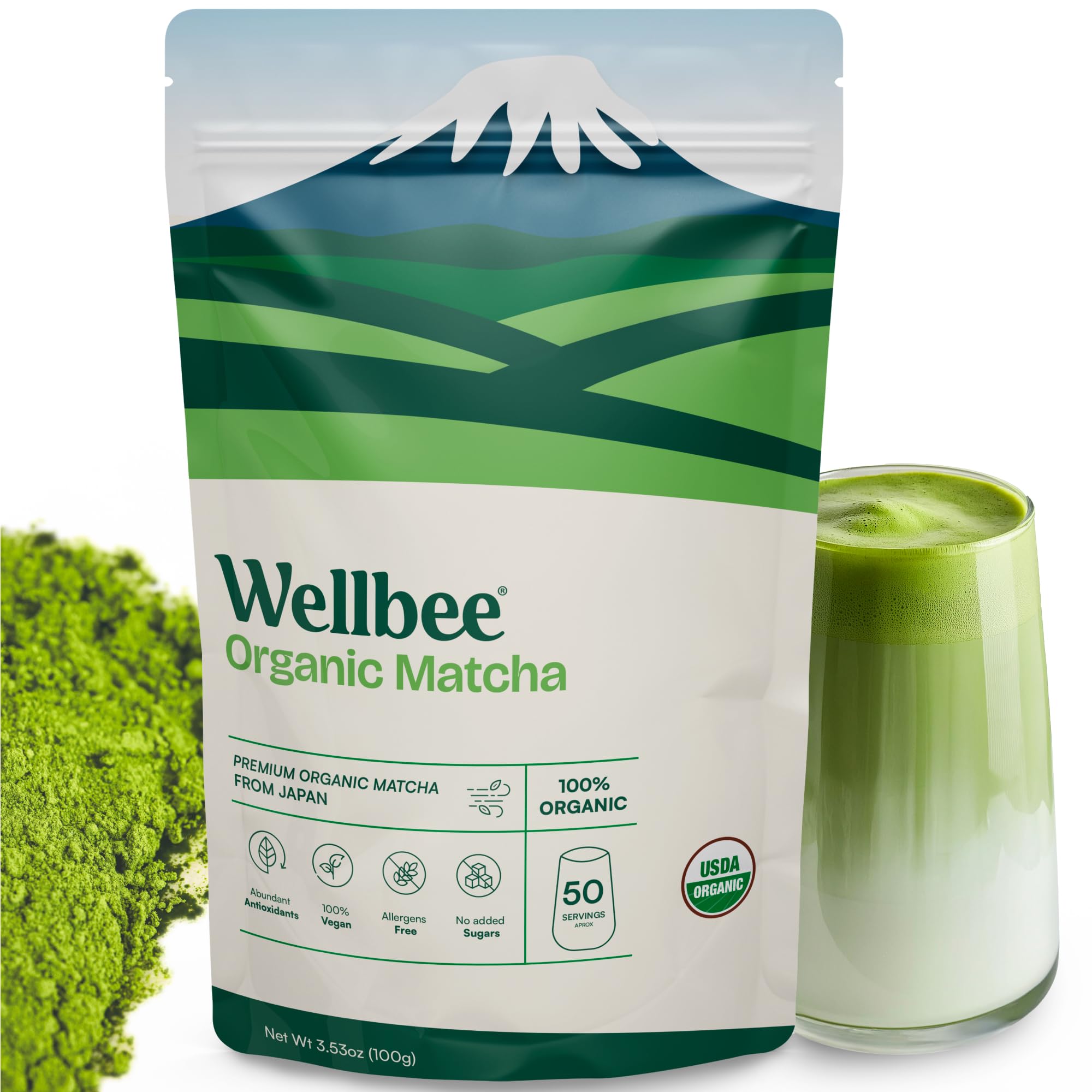 Organic Japanese Unsweetened Matcha Green Tea Powder - Premium Blend for Lattes, Smoothies, Iced or Hot Beverages and Desserts by Wellbee (3.53 Oz)USDA Organic