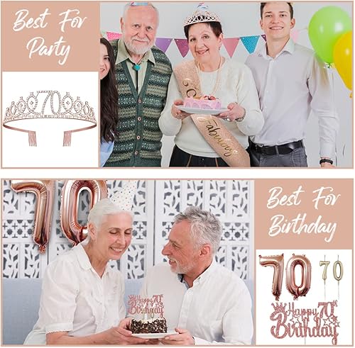 Miniatura 2 de Decoraciones de cumpleaños número 70 para ella 5 regalos que incluyen corona de tiara 70, banda, decoración de pasteles, globos, velas