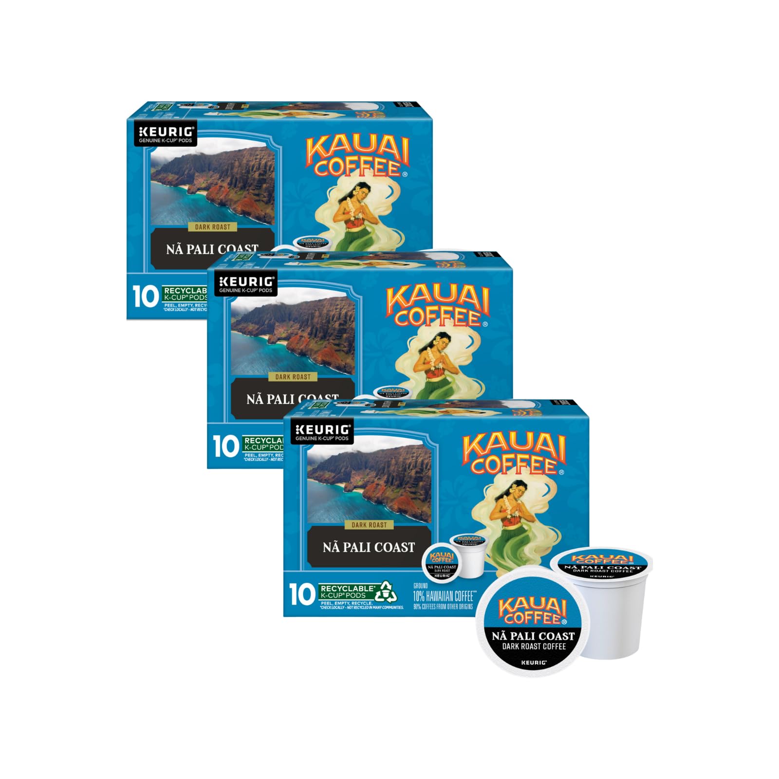 Kauai Coffee Na Pali Dark Roast - Compatible with Keurig K-Cup Brewers, 10 CT (Pack of 3)