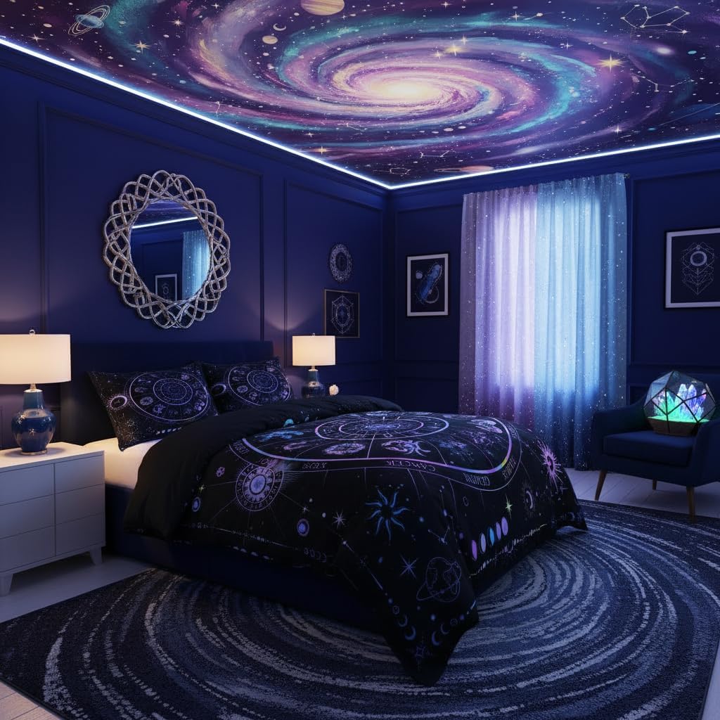 Sun and Moon Bedding Set Full Size,Starry Galaxy Zodiac Constellation Duvet Cover Set 3Pcs for Kids Boys Girls Room Decor,Neon Blue Purple Comforter Cover Hippie Boho Quilt Cover,2 Pillowcases
