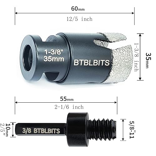 Miniatura 2 de Broca de núcleo de diamante seco de 1-38 pulgadas (1.378 in) con rosca de 58-11 más adaptador de vástago hexagonal de 38 pulgadas, sierra de agujero