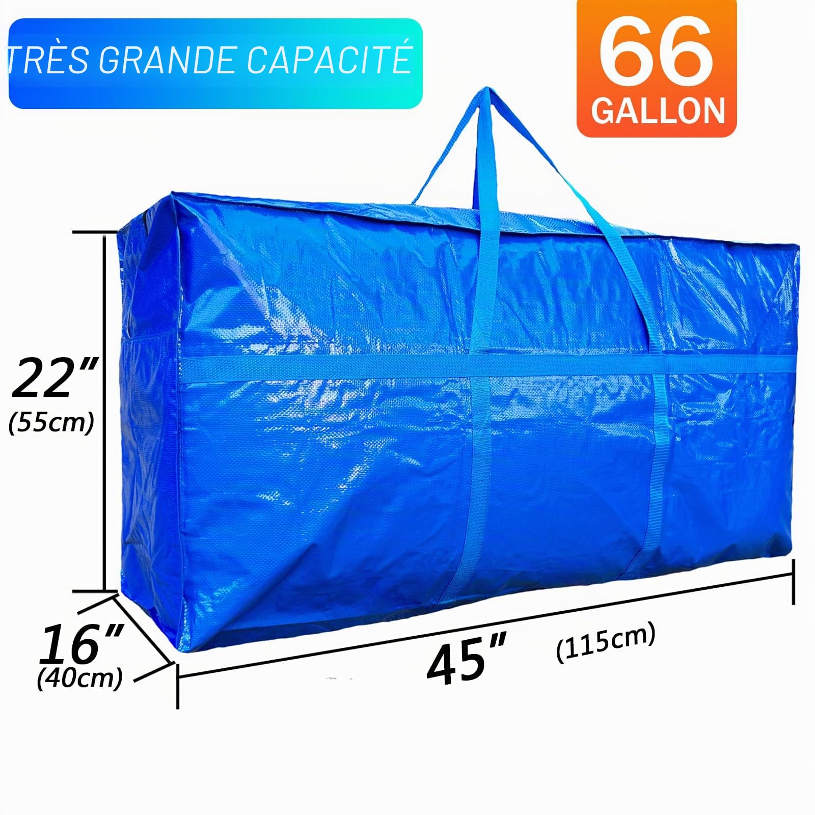 Lot de 2 grands sacs de rangement extra larges de 200 litres, grands sacs de déménagement robustes avec fermeture éclair et poignées plus solides, grand sac de sport pliable pour voyage, boîtes de