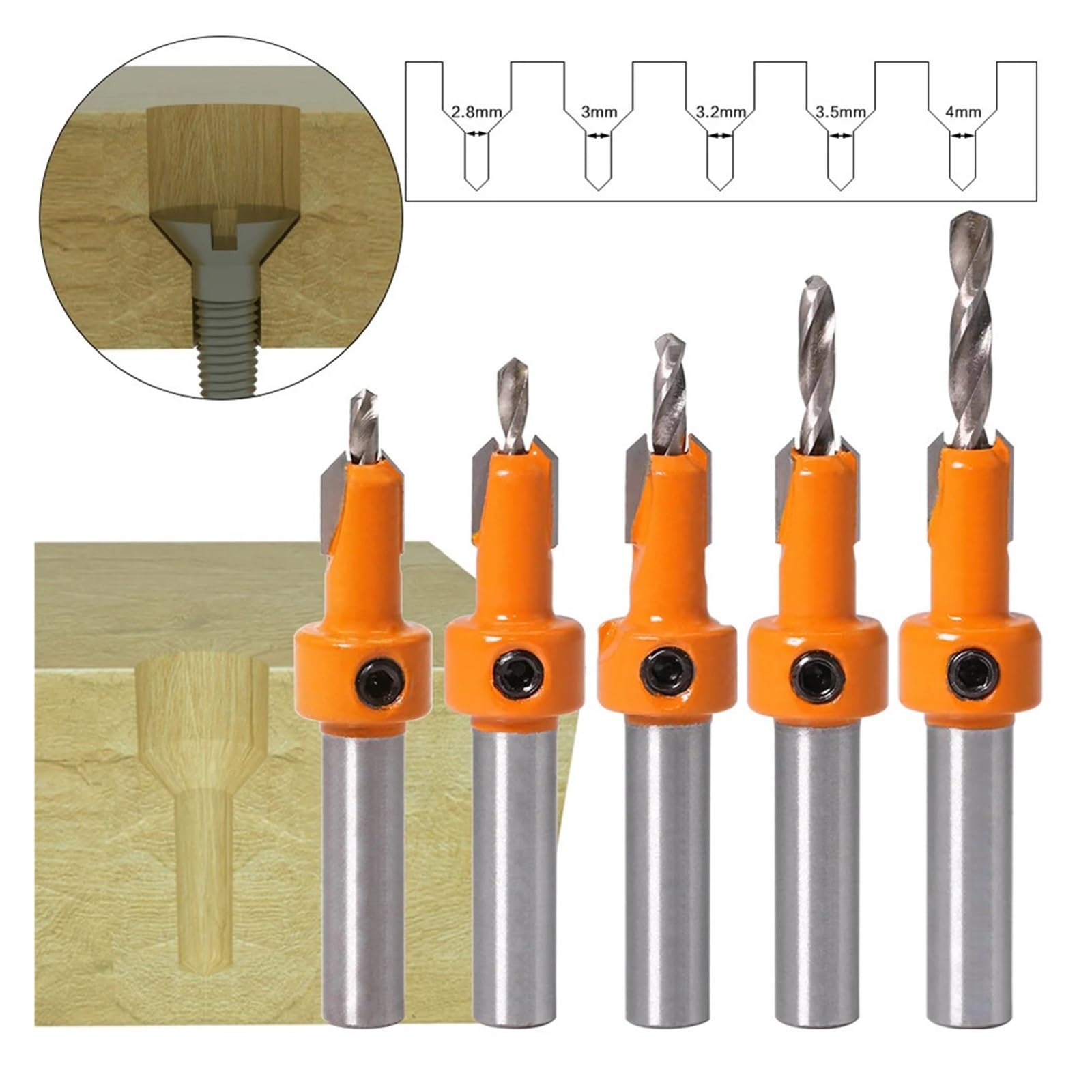 Un set di trapano a foro svasato for lavorazione del legno con vite su testa in lega, trapano a gradini, strumento di installazione for fori for viti autofilettanti in legno(5PCS 8MM)