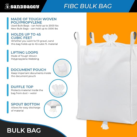 Sandbaggy Used FIBC Bulk Bags (35 x 35 x 50 approx.) - Used Once to Store Food - 2000 lb Capacity (45 cu ft) - UV & Water Resistant (50)