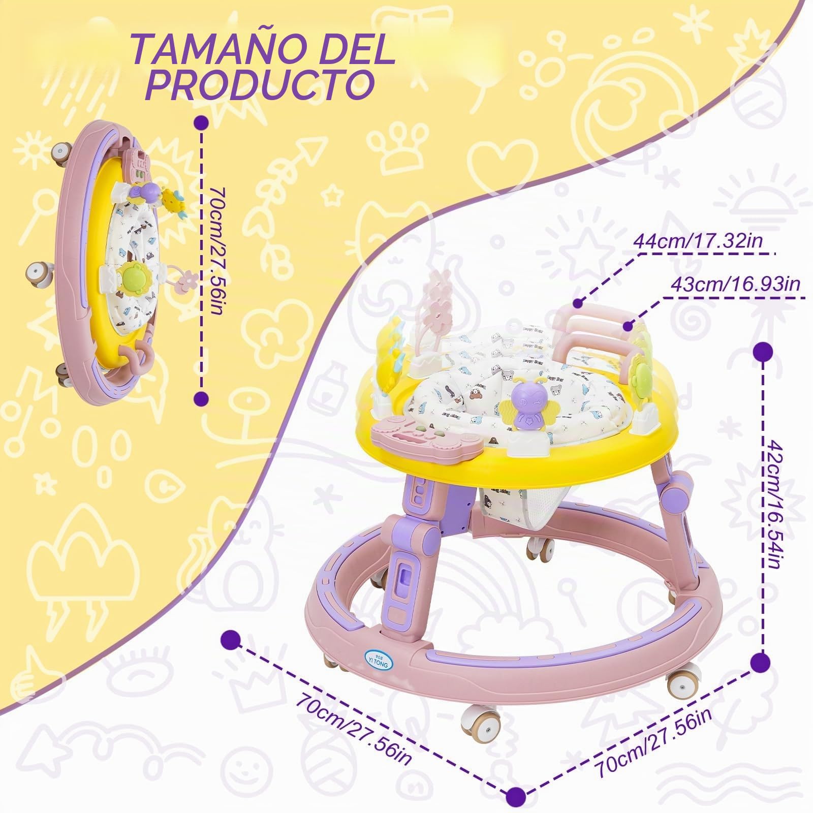 Andador Bebes 5 en 1,Tacata Bebe Plegable con Altura Música,Plegable Asiento Giratorio 360°,6 Ruedas Silenciosas,Apto Para Niños y Niñas a Partir de 6 Meses