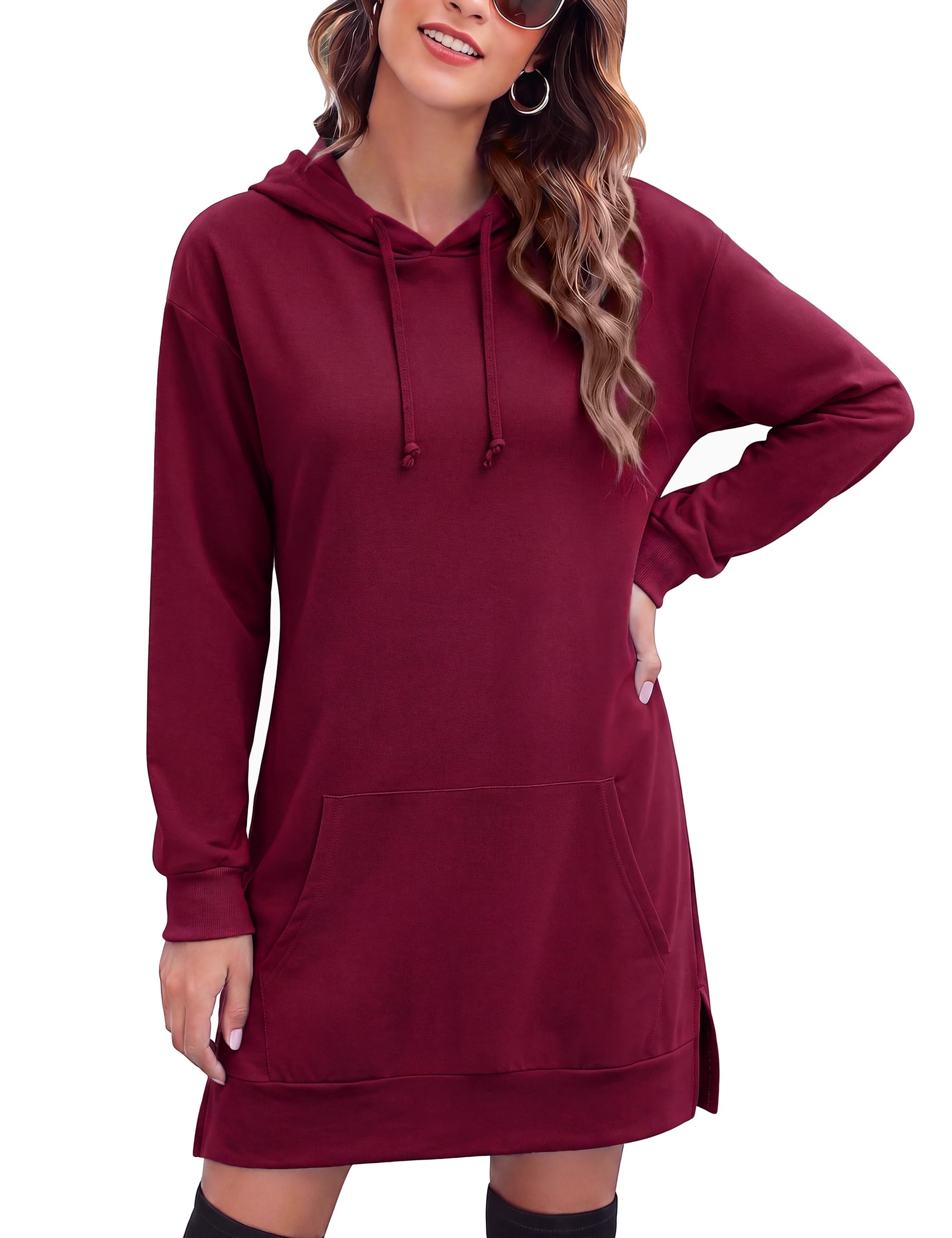 Litherday Damen Long Hoodie Kapuzenpullover mit Kapuze und Taschen | Rippbündchen und Kordelzug als Long Sweatshirt für Leggings Jeans Sneaker Casual Streetwear Freizeit Outfit