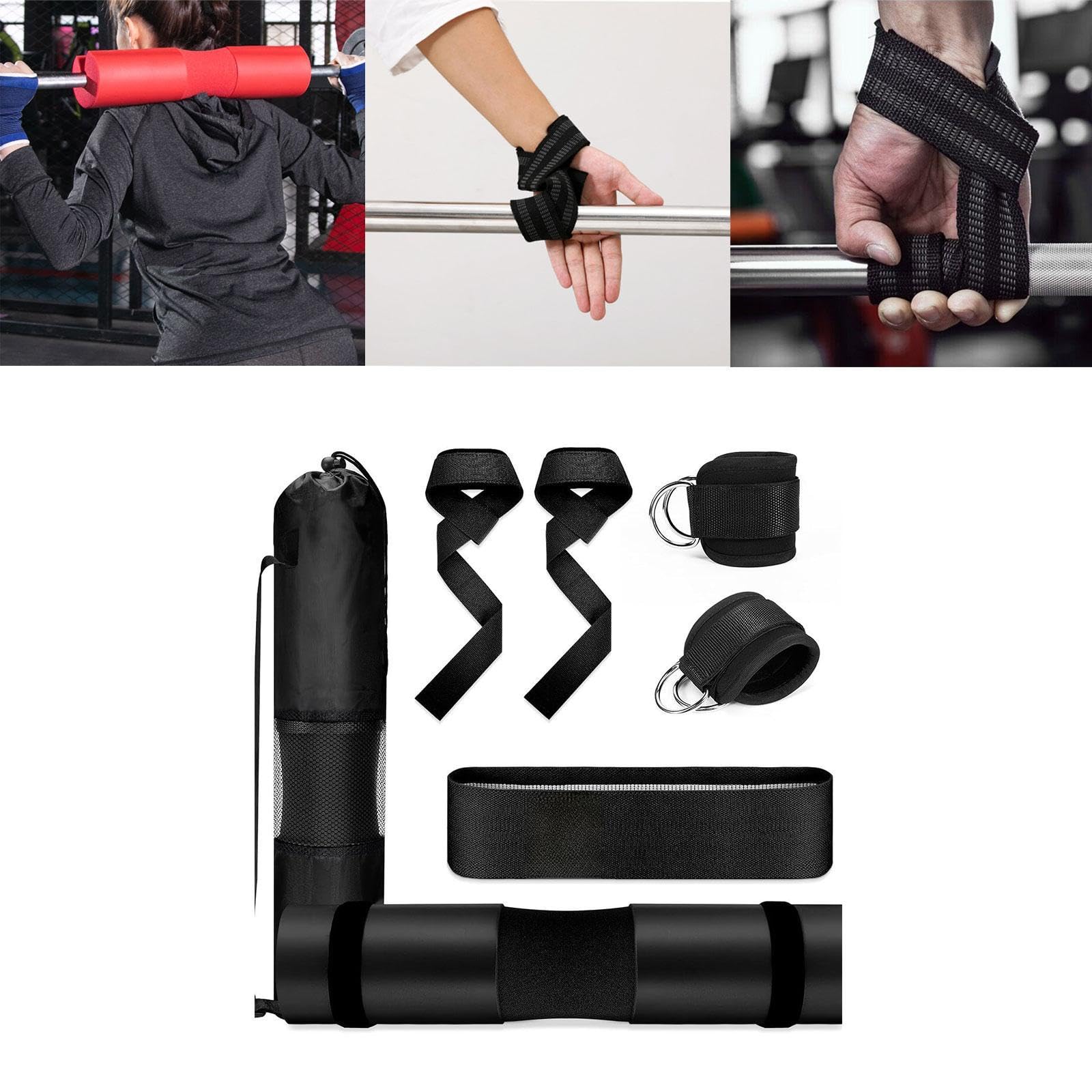 Langhantelpolster Set für Kniebeugen, Schulter & Nackenschutz mit Widerstandsband, Stangenkissen für Hip Thrust, Gewichtheben, Fitness