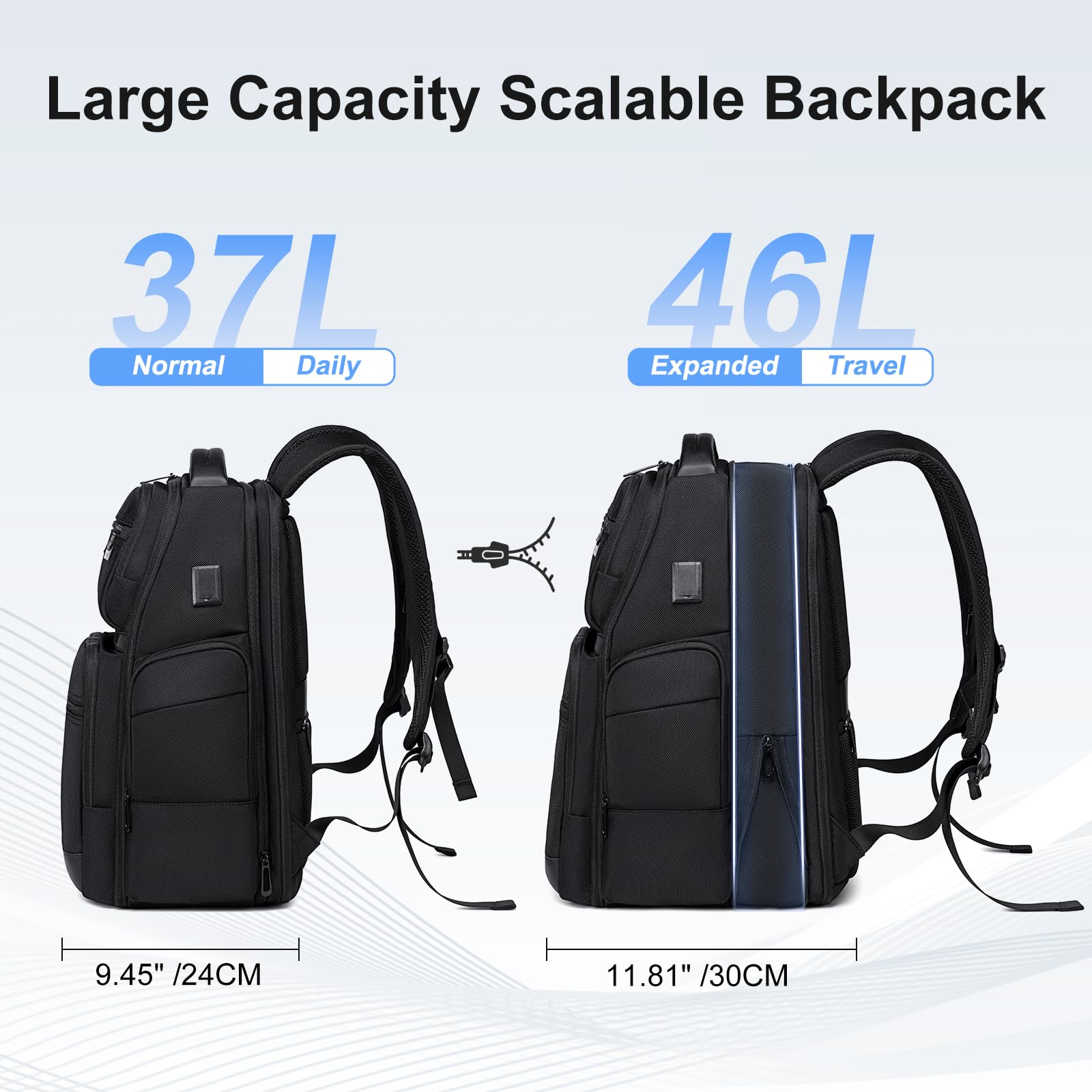 Mochila de viaje de negocios para hombres, mochila para laptop de gran capacidad con puerto de carga USB, bolsa negra expandible multifuncional resistente al agua para computadora de 15.6 2