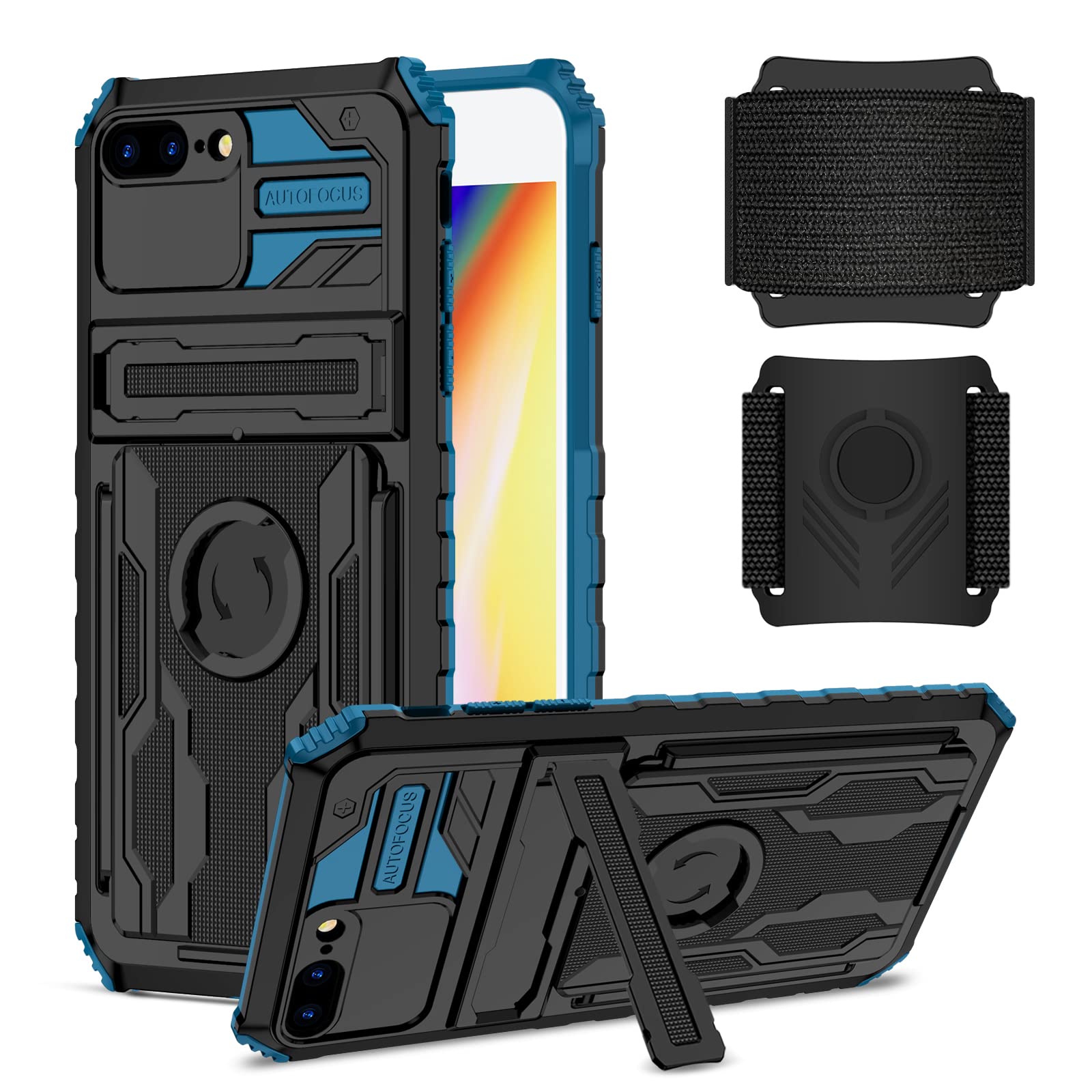 for iPhone 7 Plus Heavy Duty Shockproof Satnd Case,Sports Armband Case for iPhone 7 Plus,with 360° Rotatable & Detachable Wristband,Blue-image-35