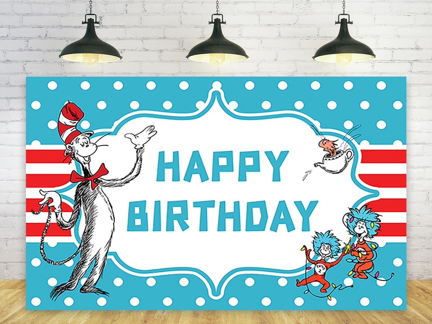 Blue Backdrop for Birthday Party Decorations Dr Seuss Background for Baby Shower Party Cake Table Decorations Supplies Cat in The Hat Theme Banner 5x3ft