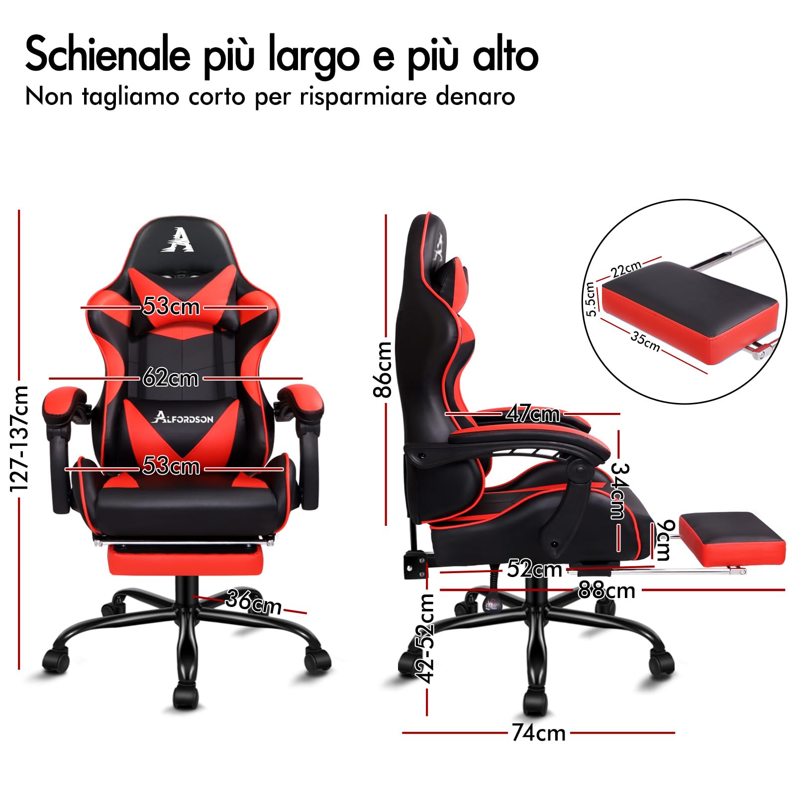 ALFORDSON Sedia Gaming Massaggiante, Sedia Gamer Professionale, Cuscino Lombare & Poggiatesta, Poltrona Ergonomica da Ufficio con Poggiapiedi, Portata 180 kg, Regolabile 90-150°, Similpelle(Rossa) | Poltrona Gamer in Similpelle Serie VOGLER, Schienale reg