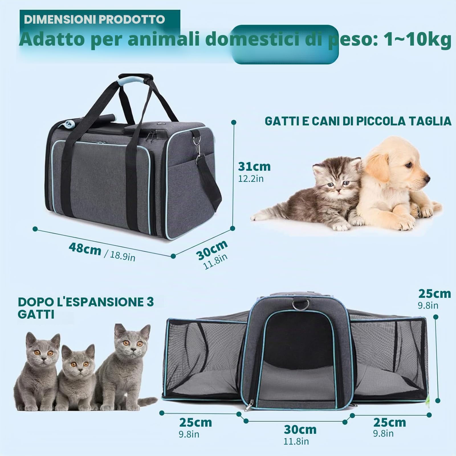 PETCUTE Trasportino per Gatti,Approvato dalle Compagnie Aeree,Borsa Trasportino Gatto da Viaggio Morbida con Guinzaglio di Sicurezza,Espandibile e Pieghevole Trasportini per Cani con Coperta