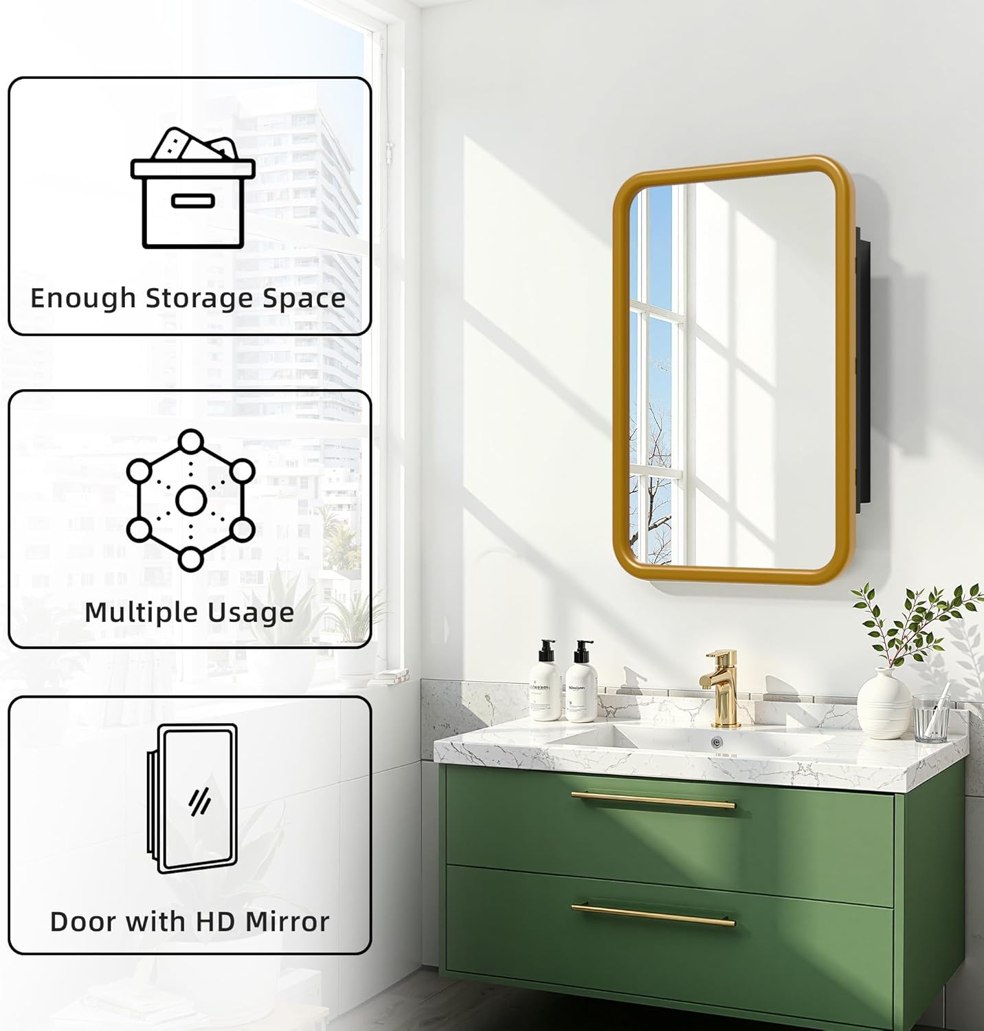 Casaphoria 30" H x 20" W Bathroom Medicine Cabinet with Mirror, Metal Frame Wall Medicine Cabinets Mirrors, Wall Mirror Cabinet, Gold