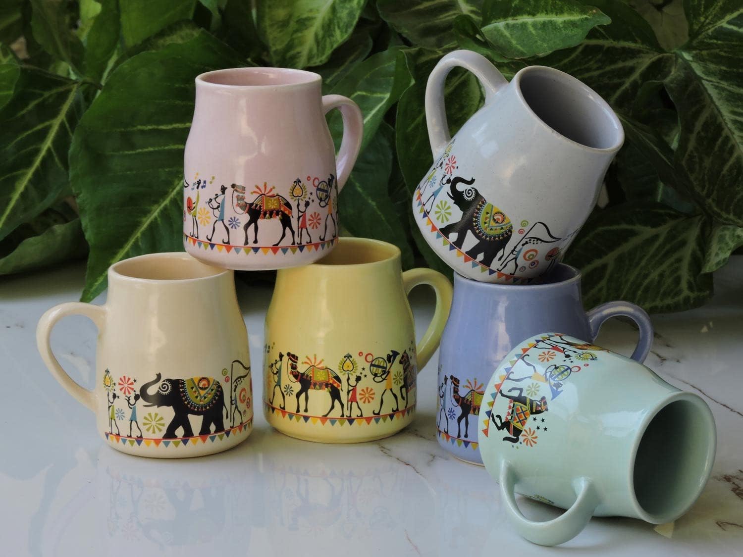 HealthGoodsIn- Set of 6 Multicolor Ceramic Wide Base Tea, Coffee, Milk Cup Set | Capacity 170 ML (5.7 US Fluid Oz)