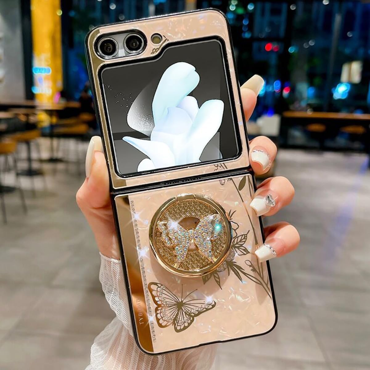 Changjia for Samsung Galaxy Z Flip 7 Kickstand Case,Cute Glitter Bling Rhinestone Diamond Butterfly with Ring Stand Marble Mirror Elegant Shockproof Women Girls Phone Case for Galaxy Z Flip 7 5G, Gold image 5
