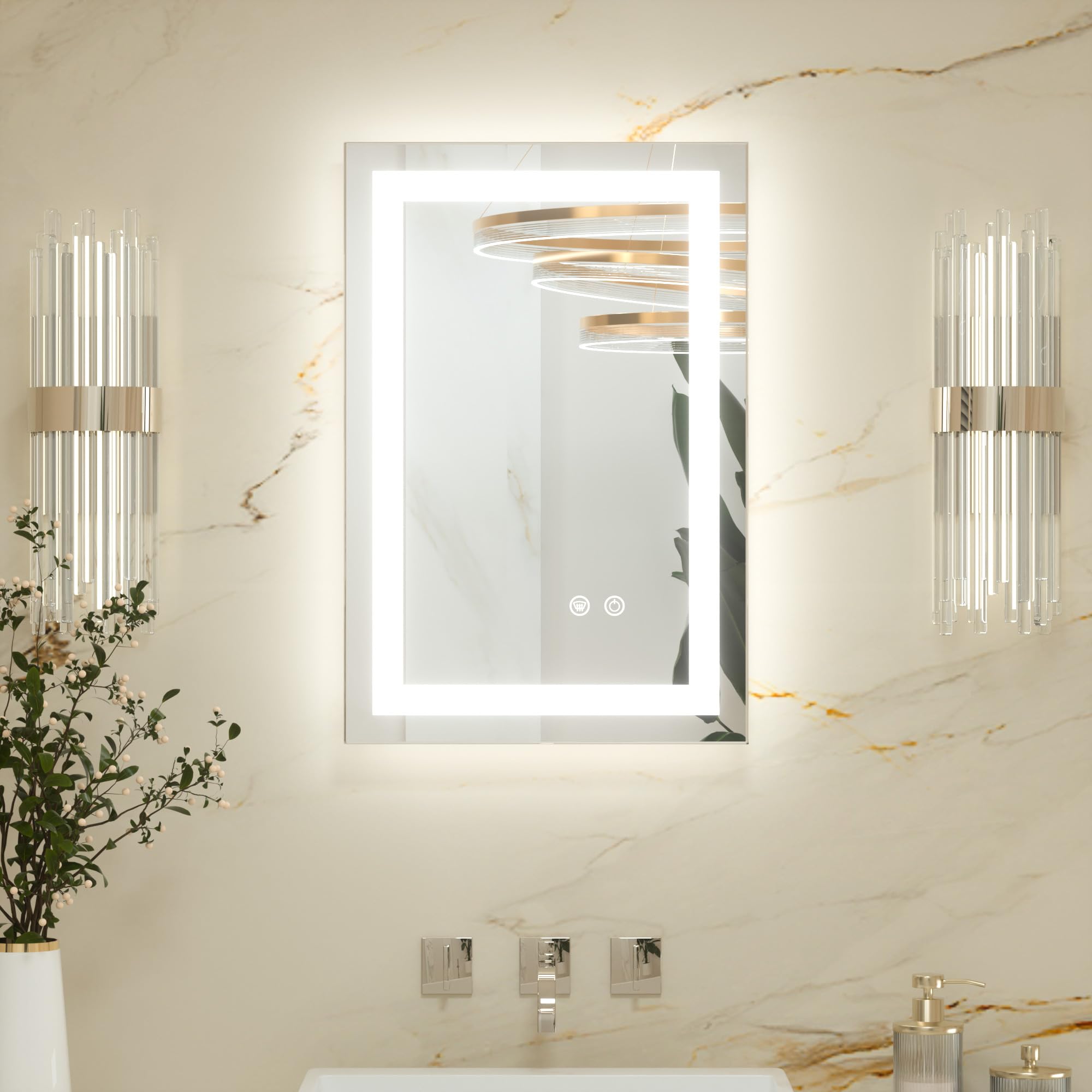 Keonjinn 40x60cm Bathroom Mirror with LED Lights, Antifog Vanity Mirror with Lights Back and Front Lit 3 Colour Dimmable Illuminated Wall Mounted Rectangle Digital Mirrors Horizontal/Vertical