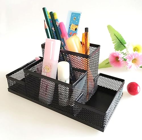 Miniatura 3 de Portalápices de malla de alambre de metal, 4 compartimentos divididos, almacenamiento de bolígrafos de malla metálica, soporte para brochas de