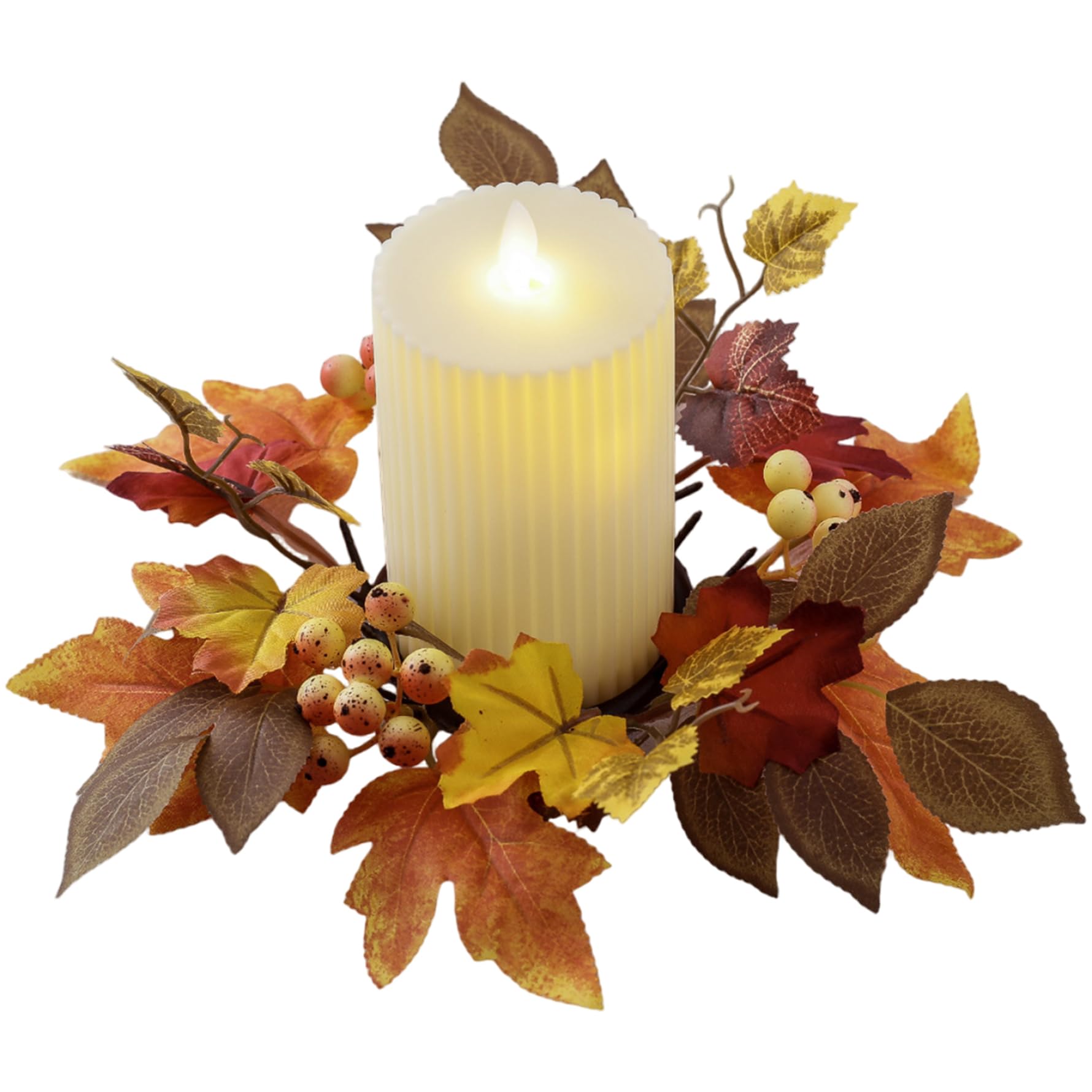 CAKEEYUM Fall Candle Rings 9.8" Artificial Maple Leaves Candle Ring Wreaths with Berry Small Fall Wreath for Thanksgiving Halloween Table Centerpieces Decor