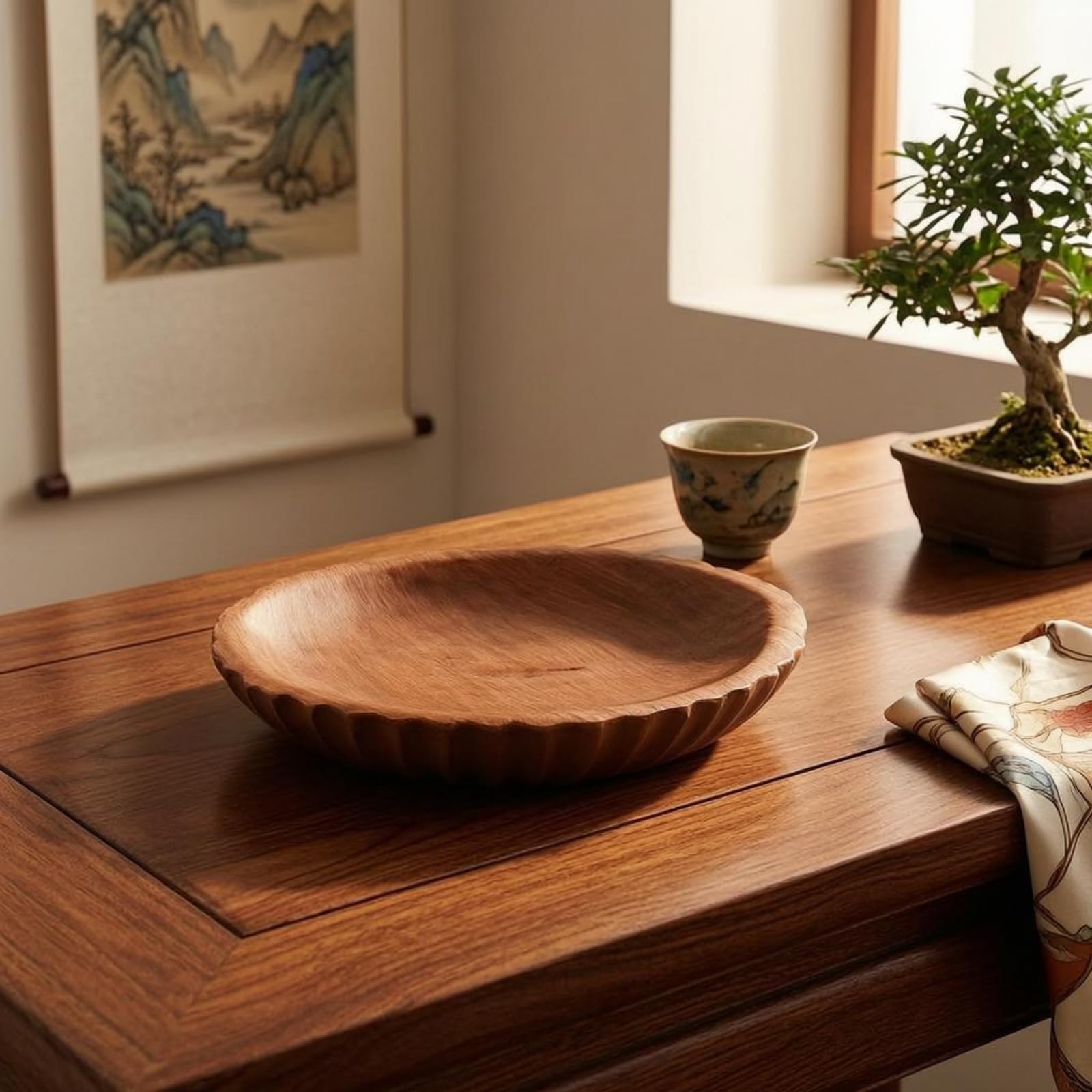Colcolo Obstschale Holz Servierschale Tablett Organizer Dekoschale Schale mit Flachem Rand Und Rillen Außen aus Kunstharz für Servieren Und Sortieren für Zuhause Esstisch Küchentheke, Niedrig