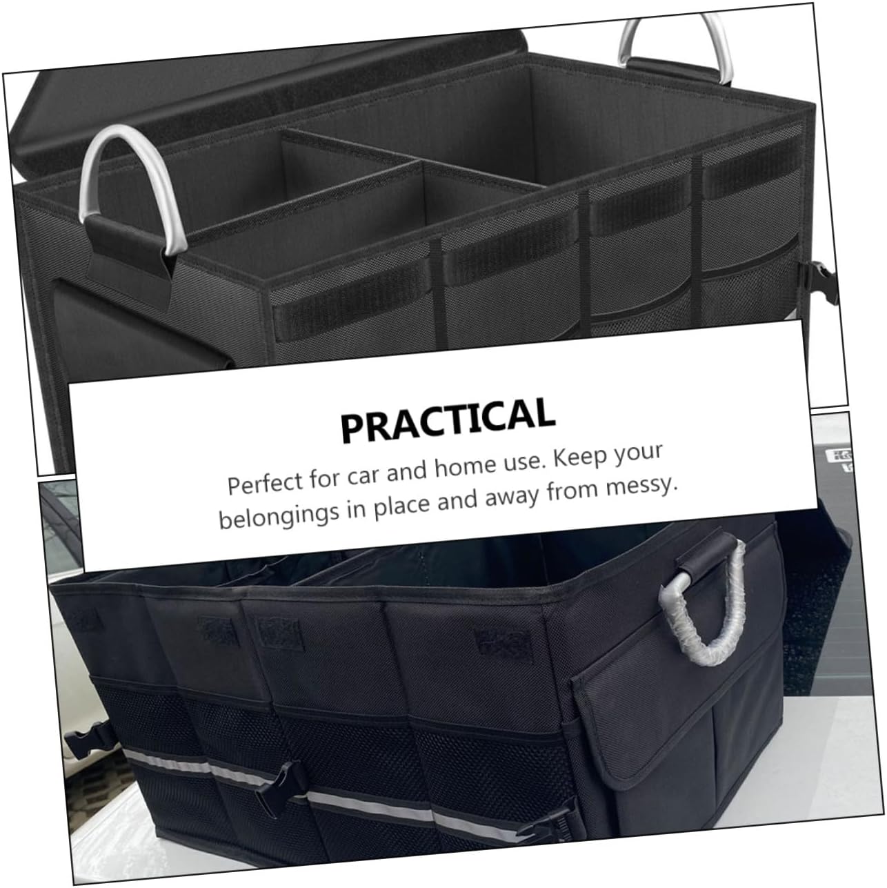 Car Trunk Organizer Foldable Storage Case with Multi Compartments Black, Collapsible Car Storage Box for Suv Sedan, Auto Trunk Organizer with Handle and Non-slip Base