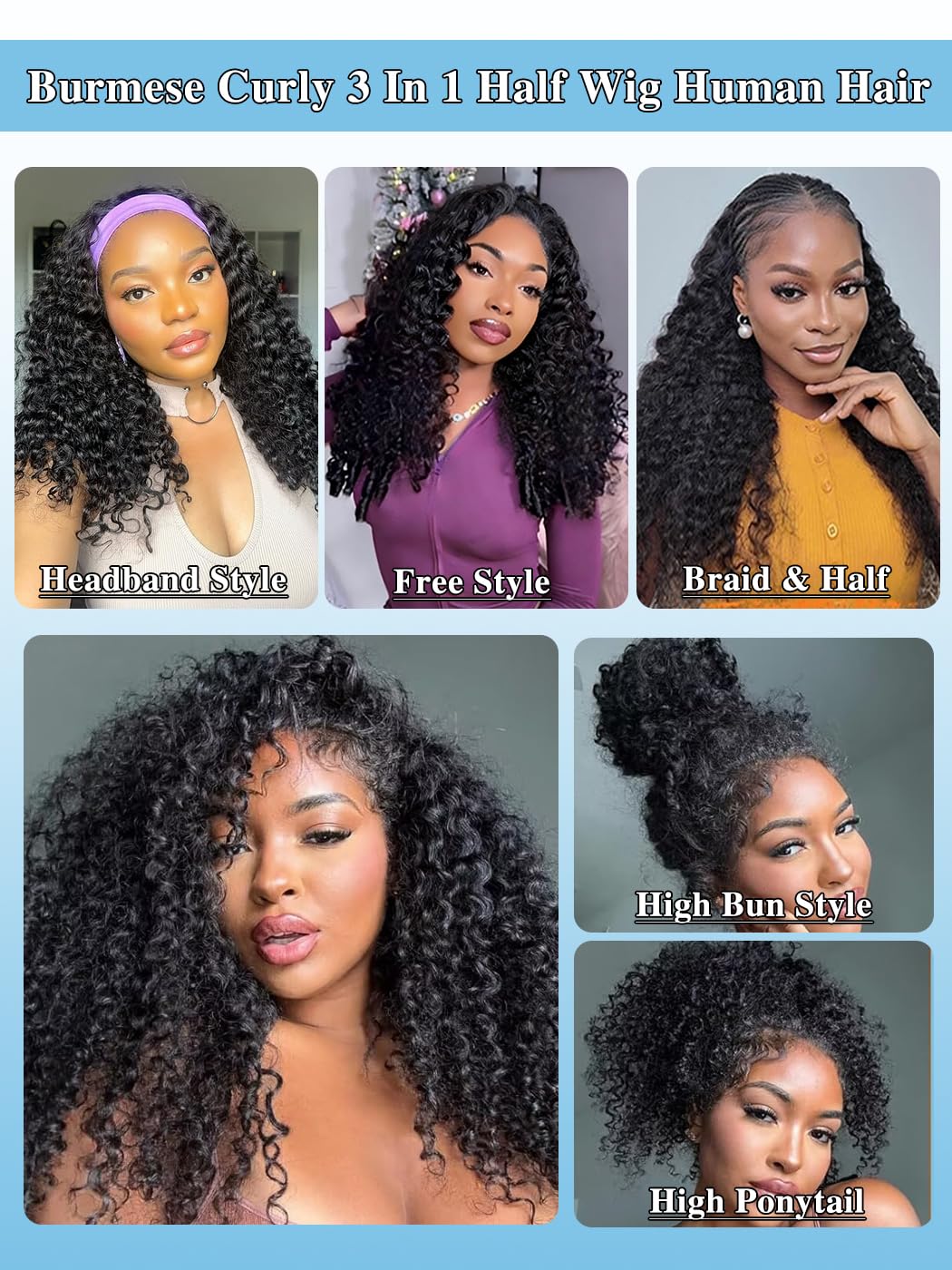 18 Inch Burmese Curly Half Wig Human Hair for Black Women Spiral Curl Ends Glueless Wear & Go Drawstring Wig 180% Density Flip Over Beginner Friendly No Glue No Sew Natural Black
