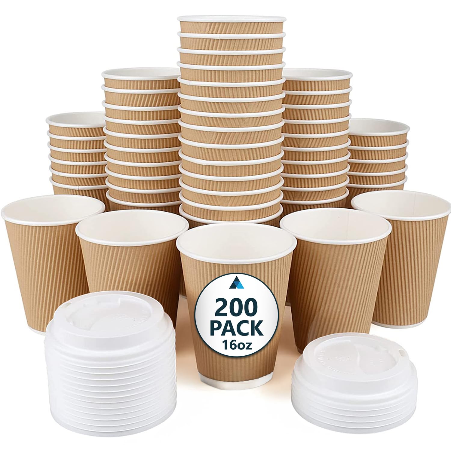 200 tazze da caffè in carta kraft marrone con coperchio, grandi tazze di carta ondulata a tripla parete, per caffè caldo, cappuccino e cioccolata calda, tazze da asporto, 473,6 ml