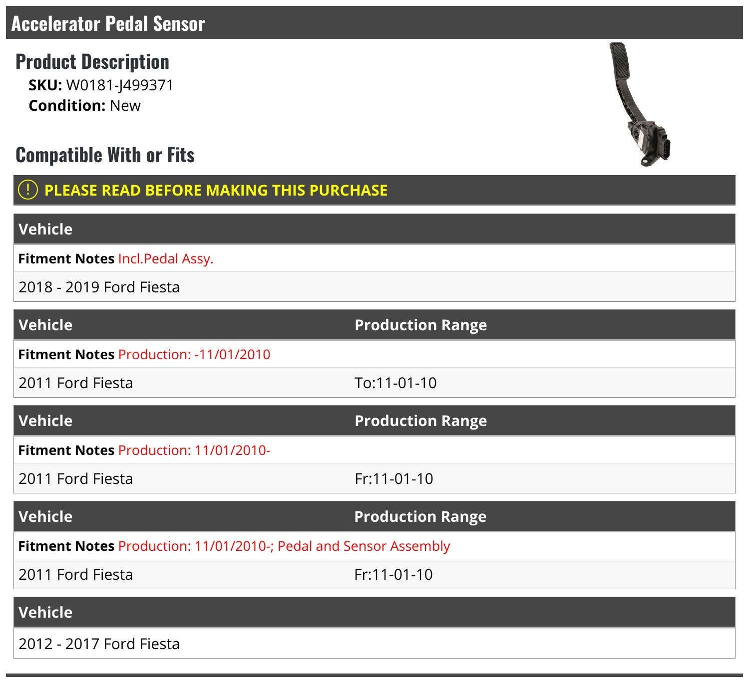 Accelerator Pedal Sensor and Pedal Assembly - Compatible with 2011-2019 Ford Fiesta
